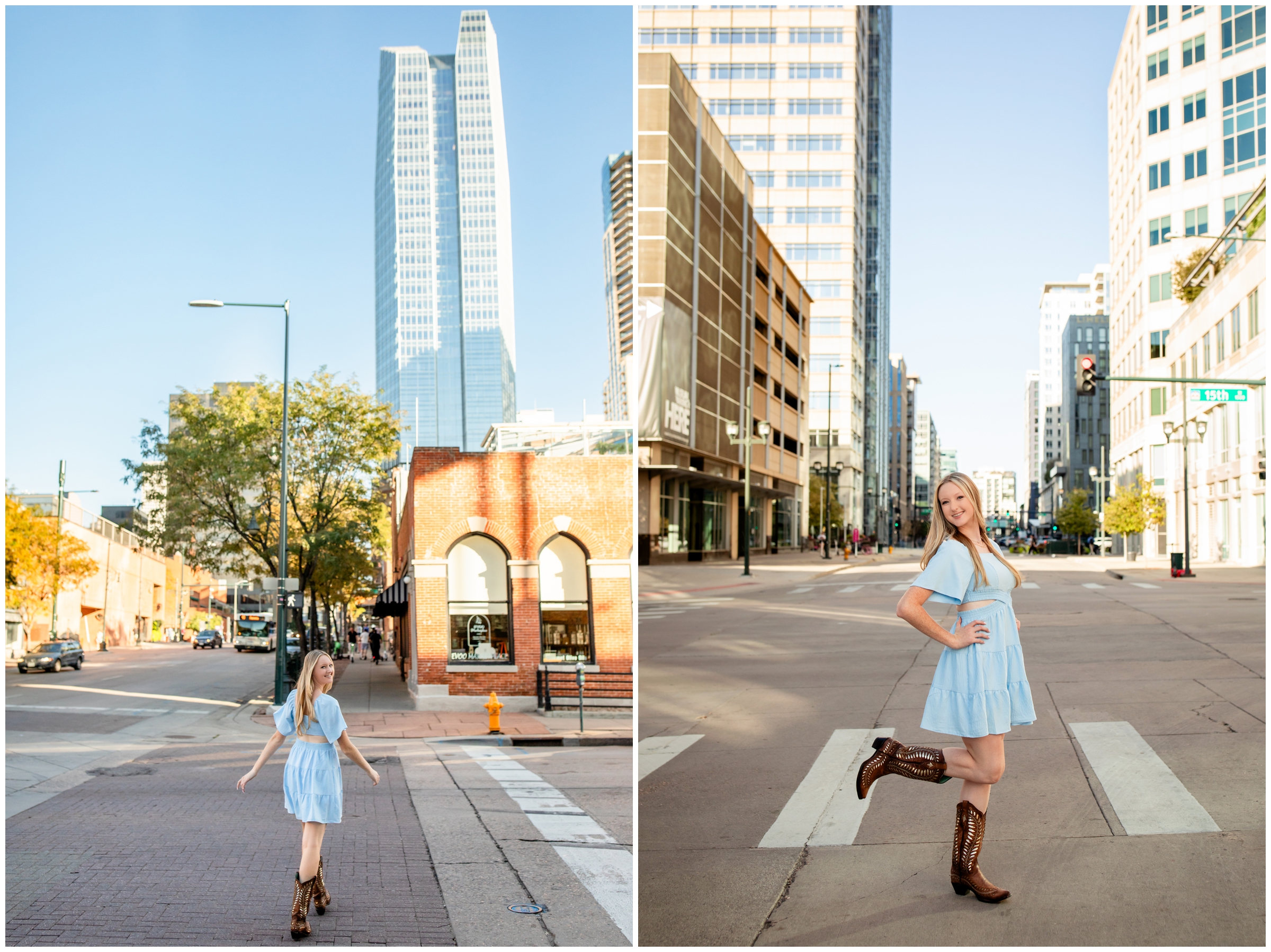 teen walking in crosswalk with skyscrapers in background during Denver Colorado urban senior portraits 