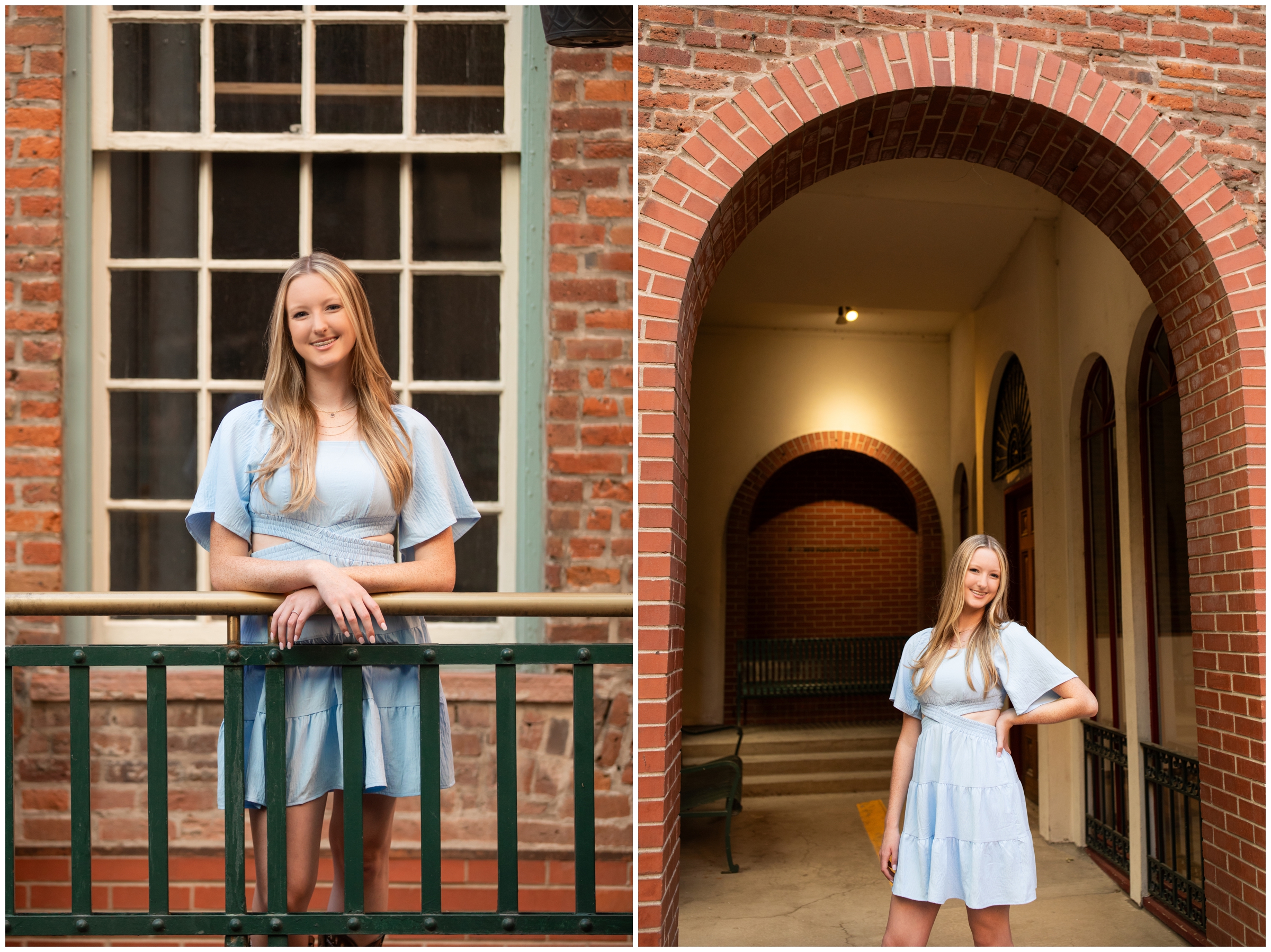teen posing under brick arch near Larimer Square during photography session by Plum Pretty Photography 