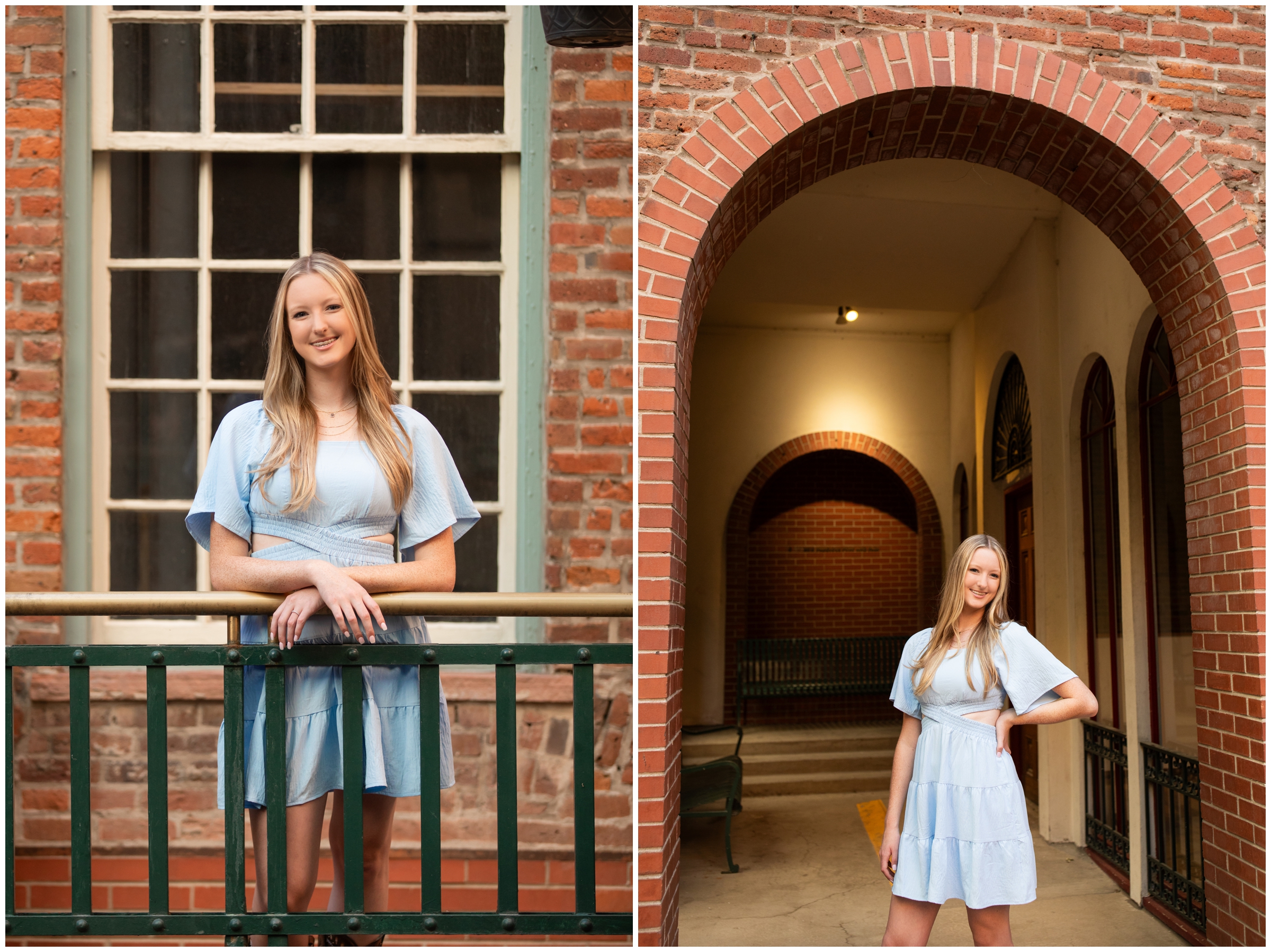 teen posing under brick arch near Larimer Square during photography session by Plum Pretty Photography