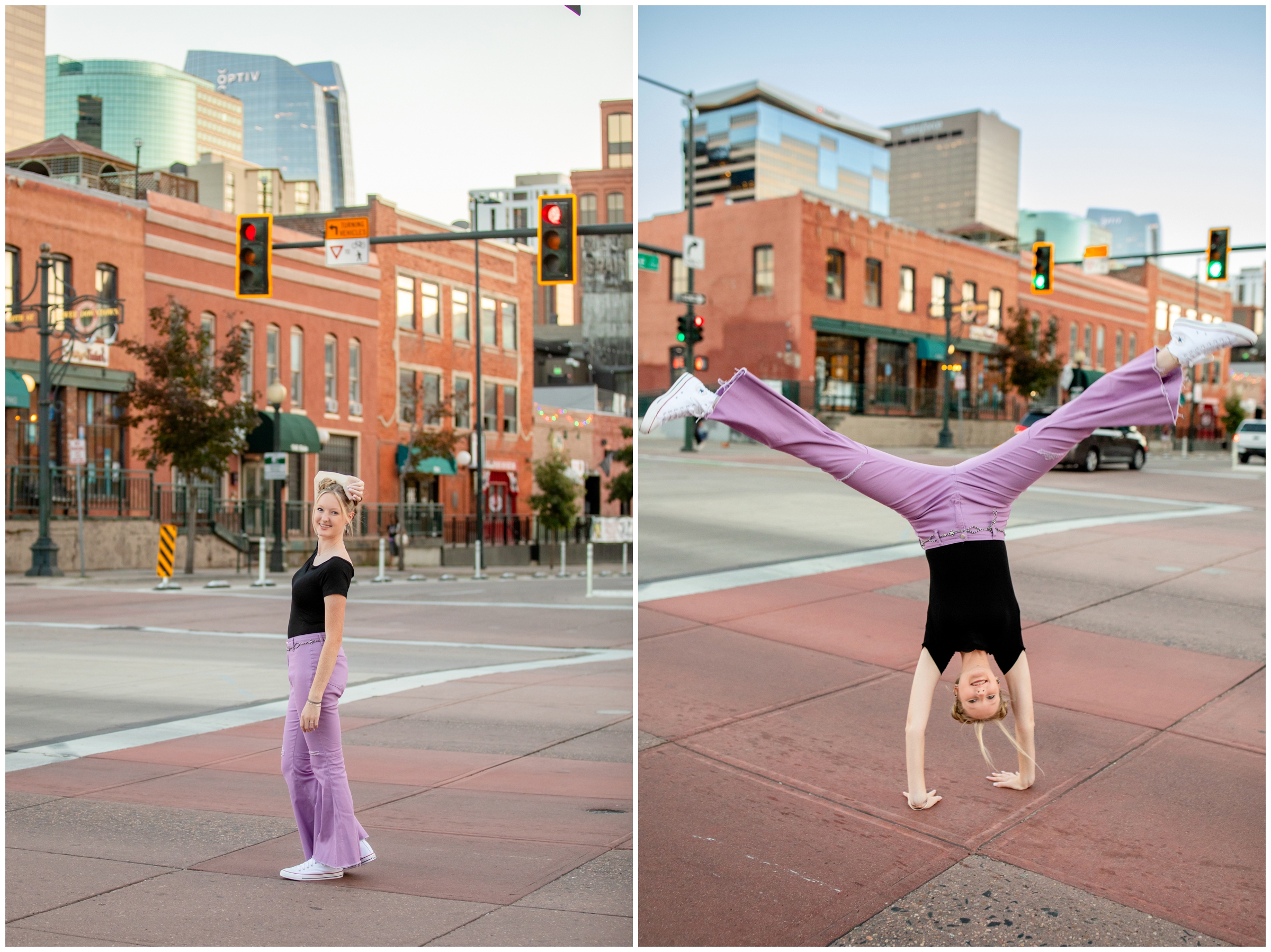teen doing cartwheel during fun senior pictures in downtown denver by Plum Pretty Photography 