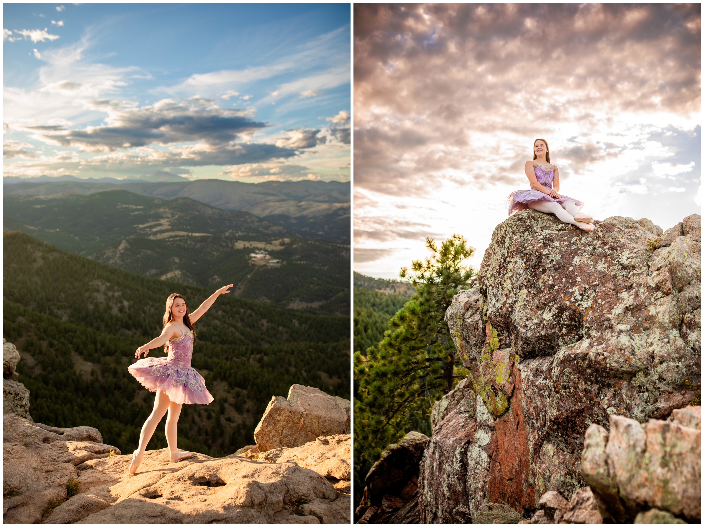 teen sitting on the edge of a cliff during ballerina senior pictures in Boulder Colorado 