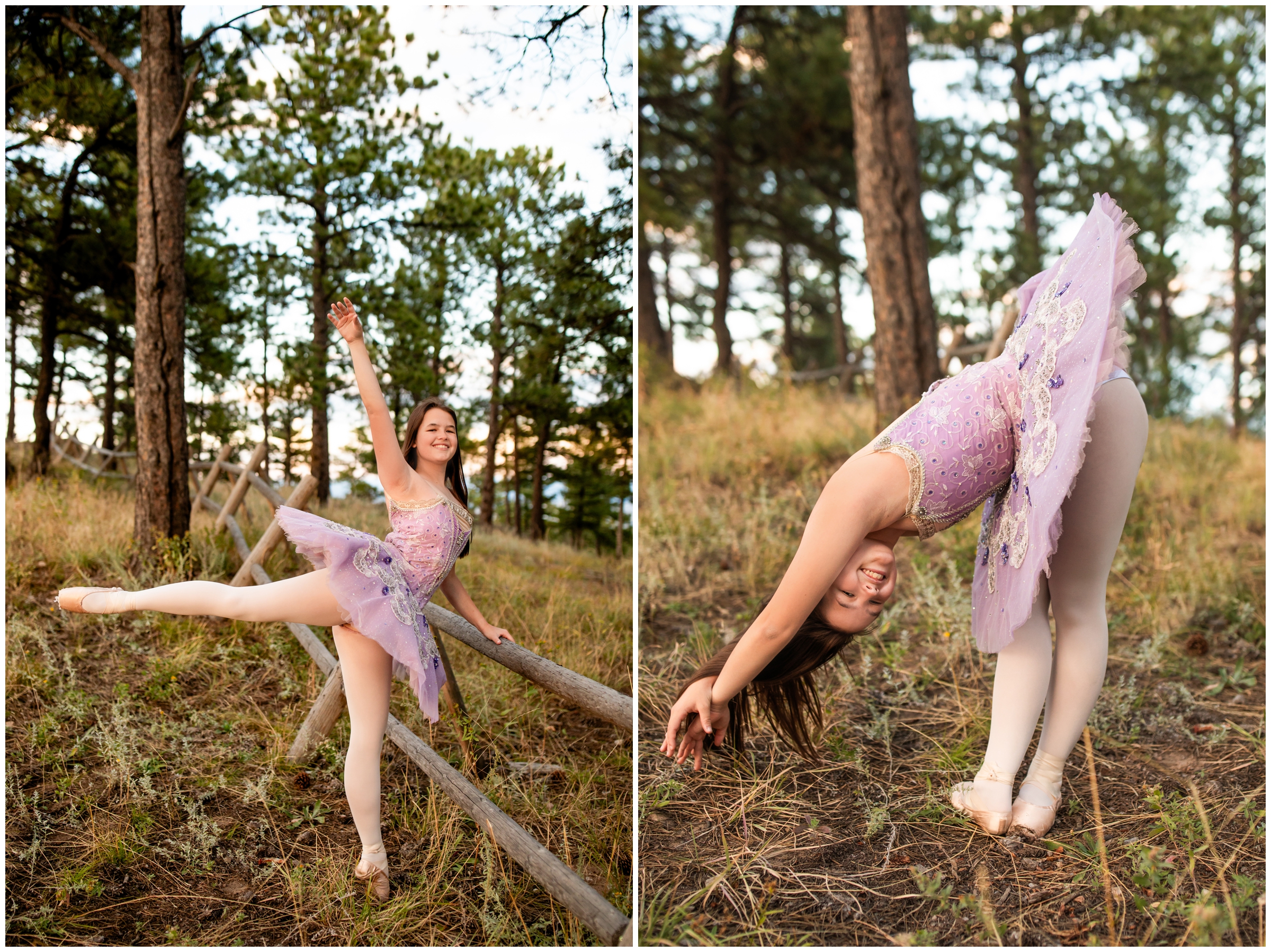 ballerina posing with wooden fence during Boulder Colorado dance senior portraits at Lost Gulch Overlook