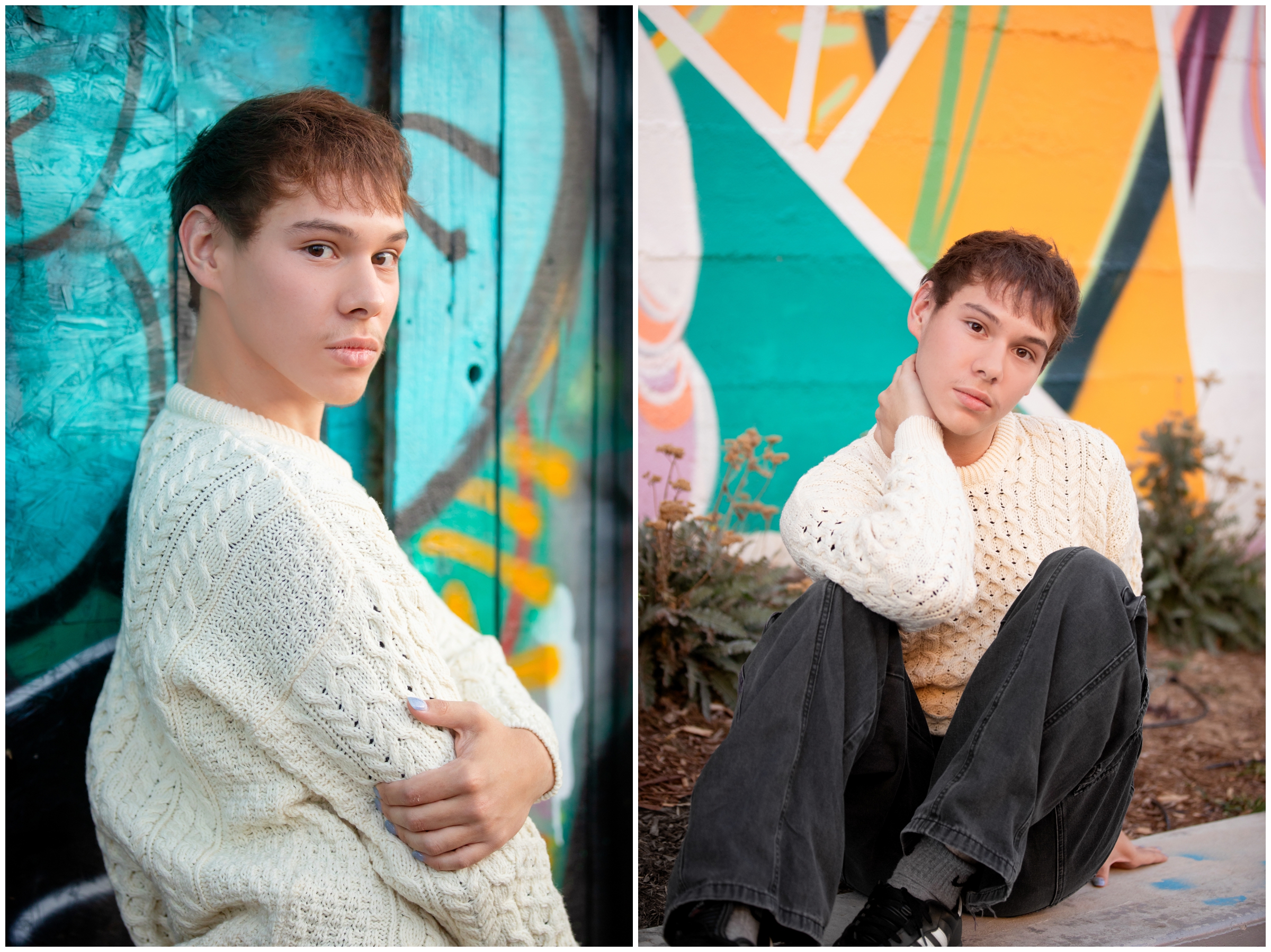 teen guy posing in front of colorful wall mural during Denver Colorado senior pictures at the RINO district 