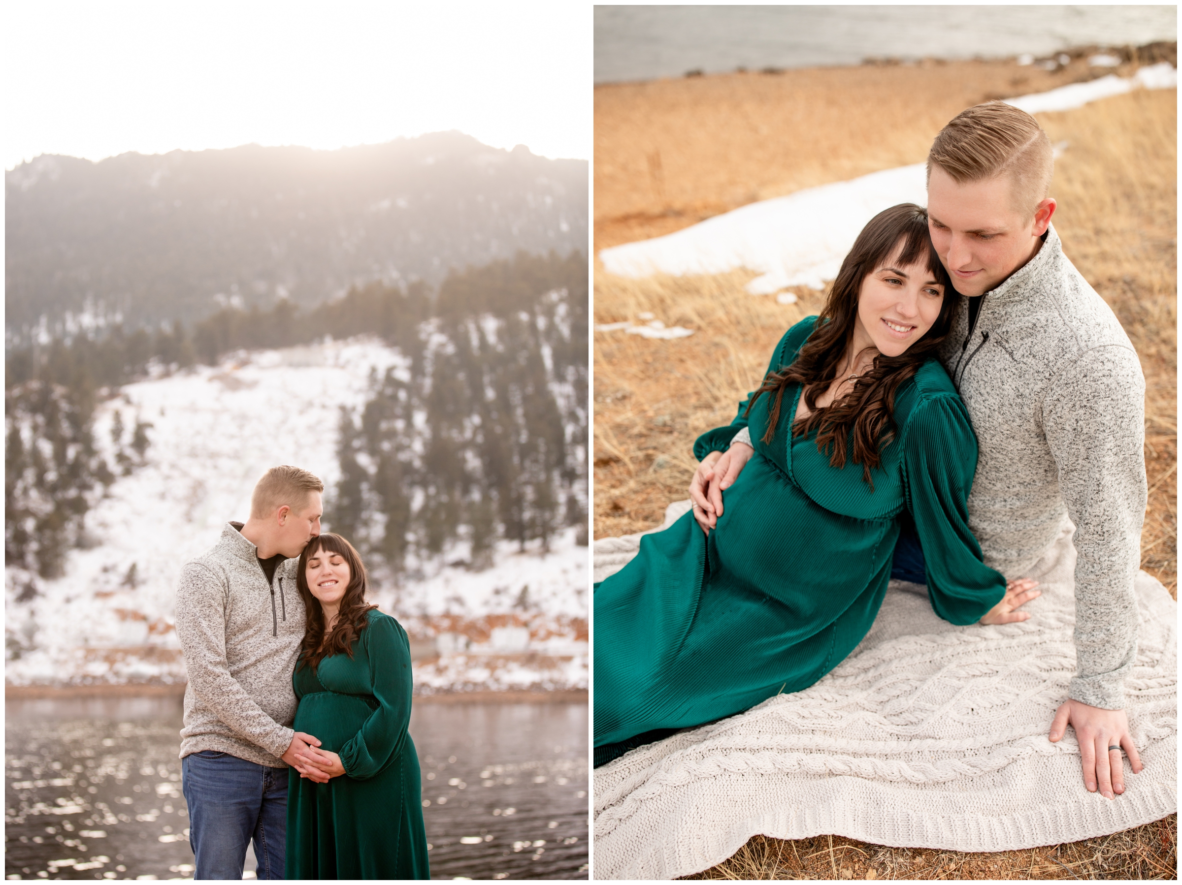 couple sitting next to edge of a lake during Estes Park Colorado maternity photography session by Plum Pretty Photography  