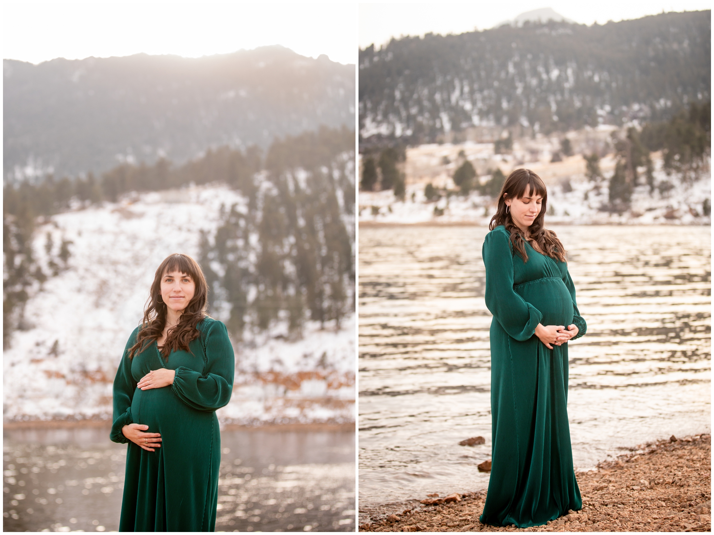 woman in green dress posing by mountain lake in Colorado during maternity portraits by Plum Pretty Photography 