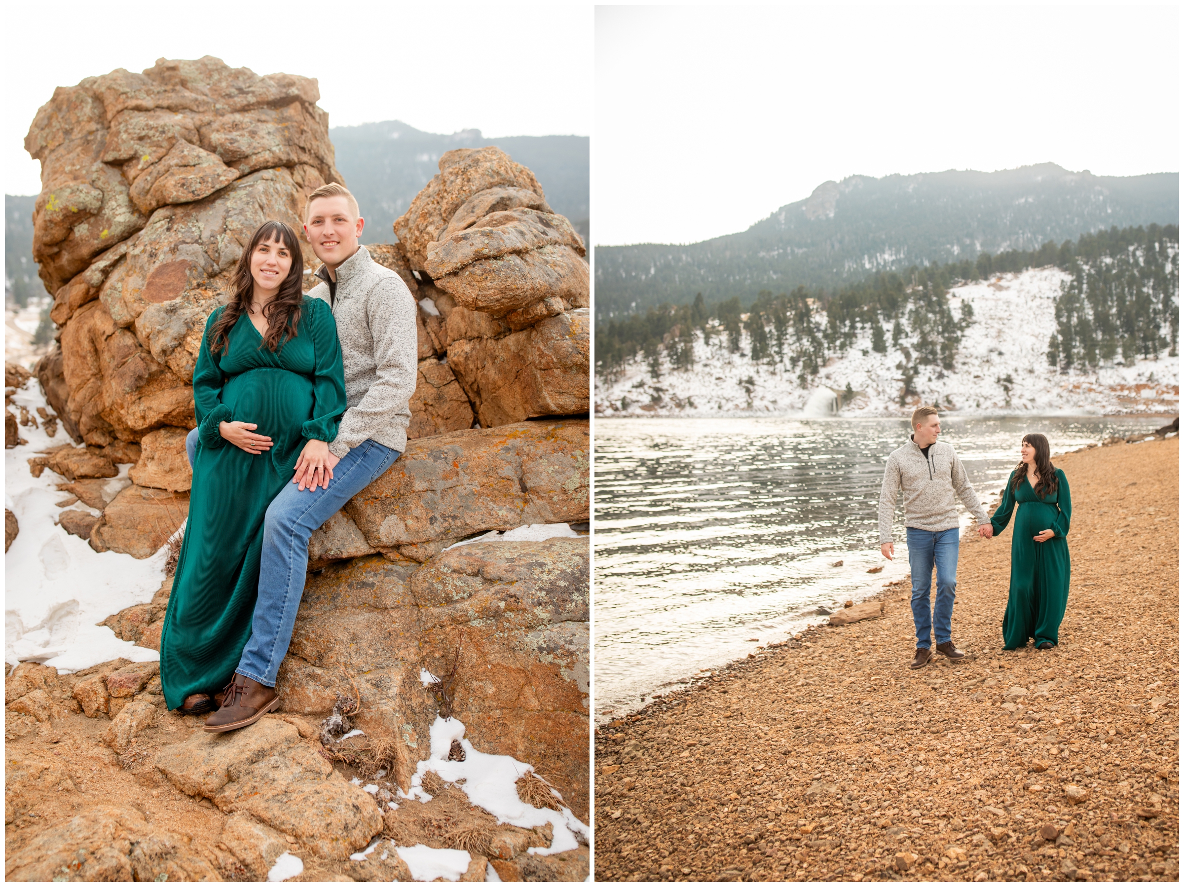 couple walking next to mountain lake during winter maternity pictures in Estes Park Colorado 