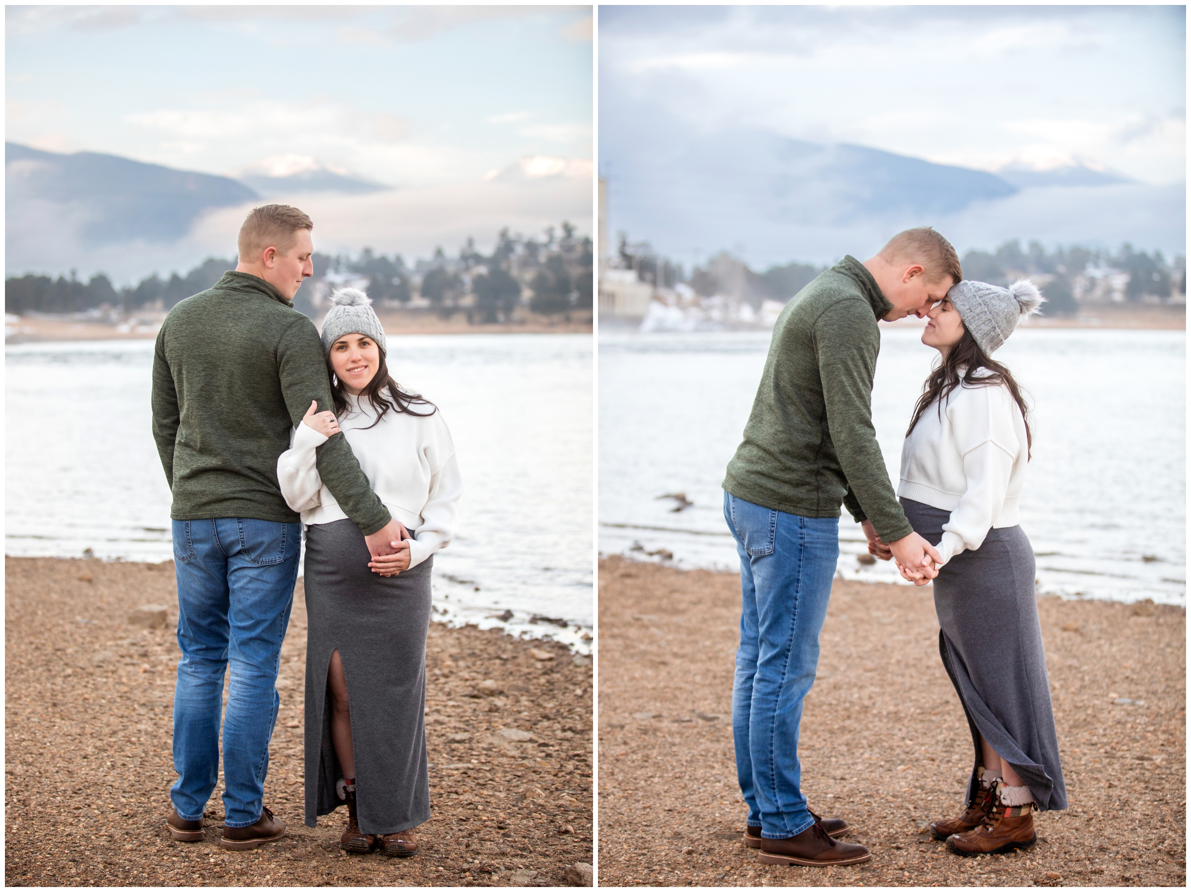 couple embracing next to Mary's Lake during Colorado pregnancy photo shoot by Plum Pretty Photography 