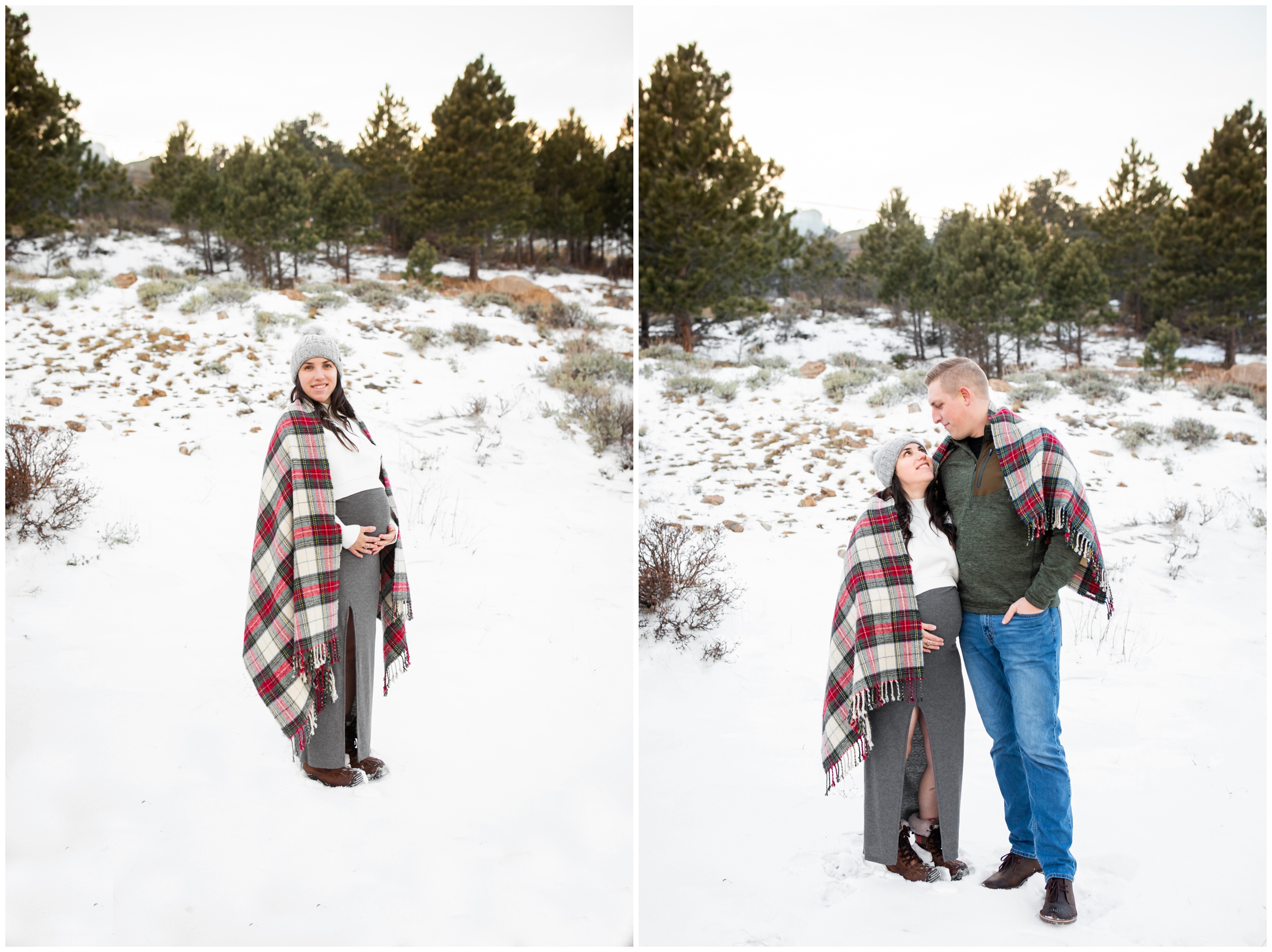 couple snuggling under blanket in the snow during pregnancy photos by Plum Pretty Photography