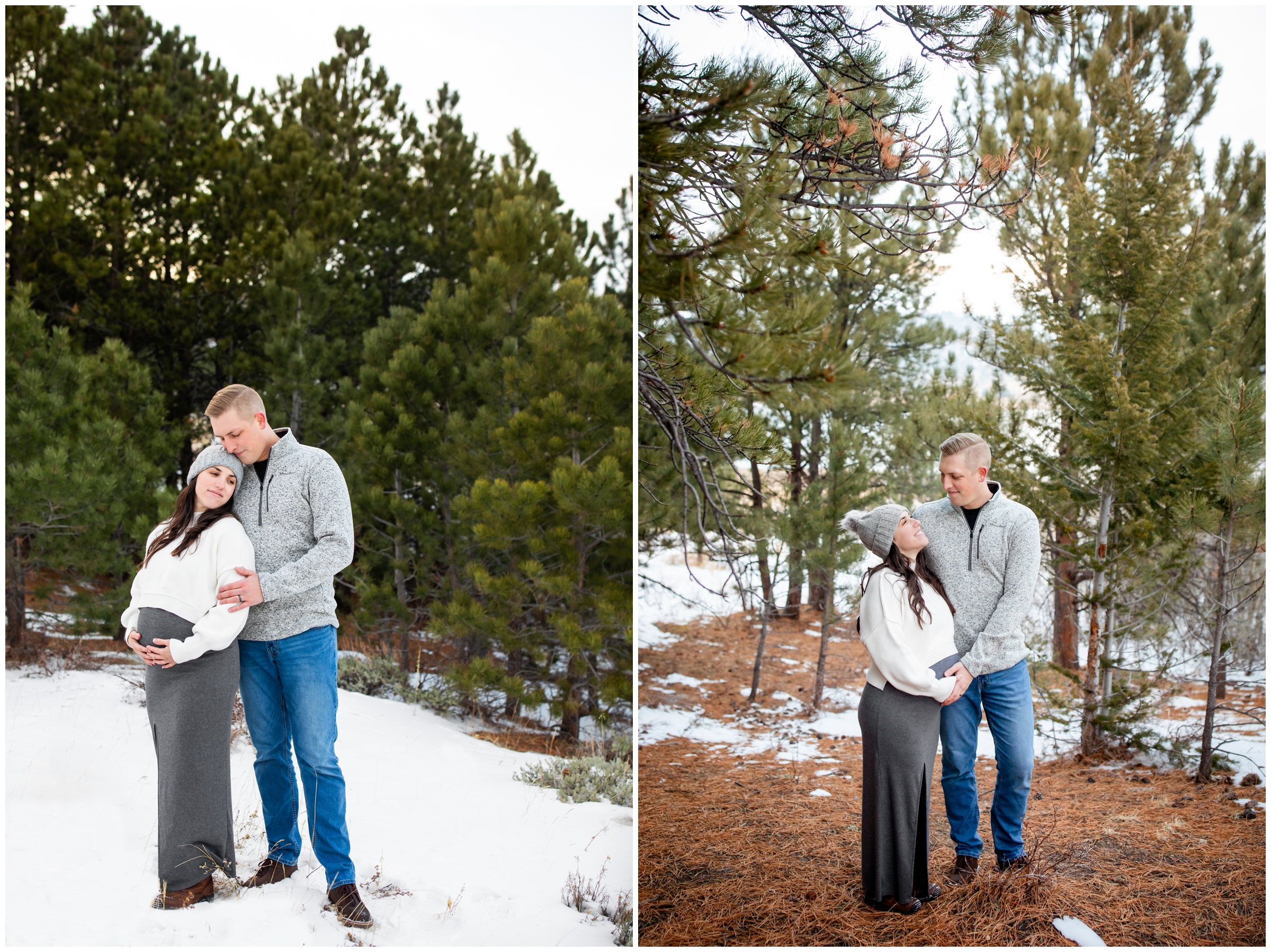 couple embracing in the forest during winter maternity photos in Estes Park Colorado 