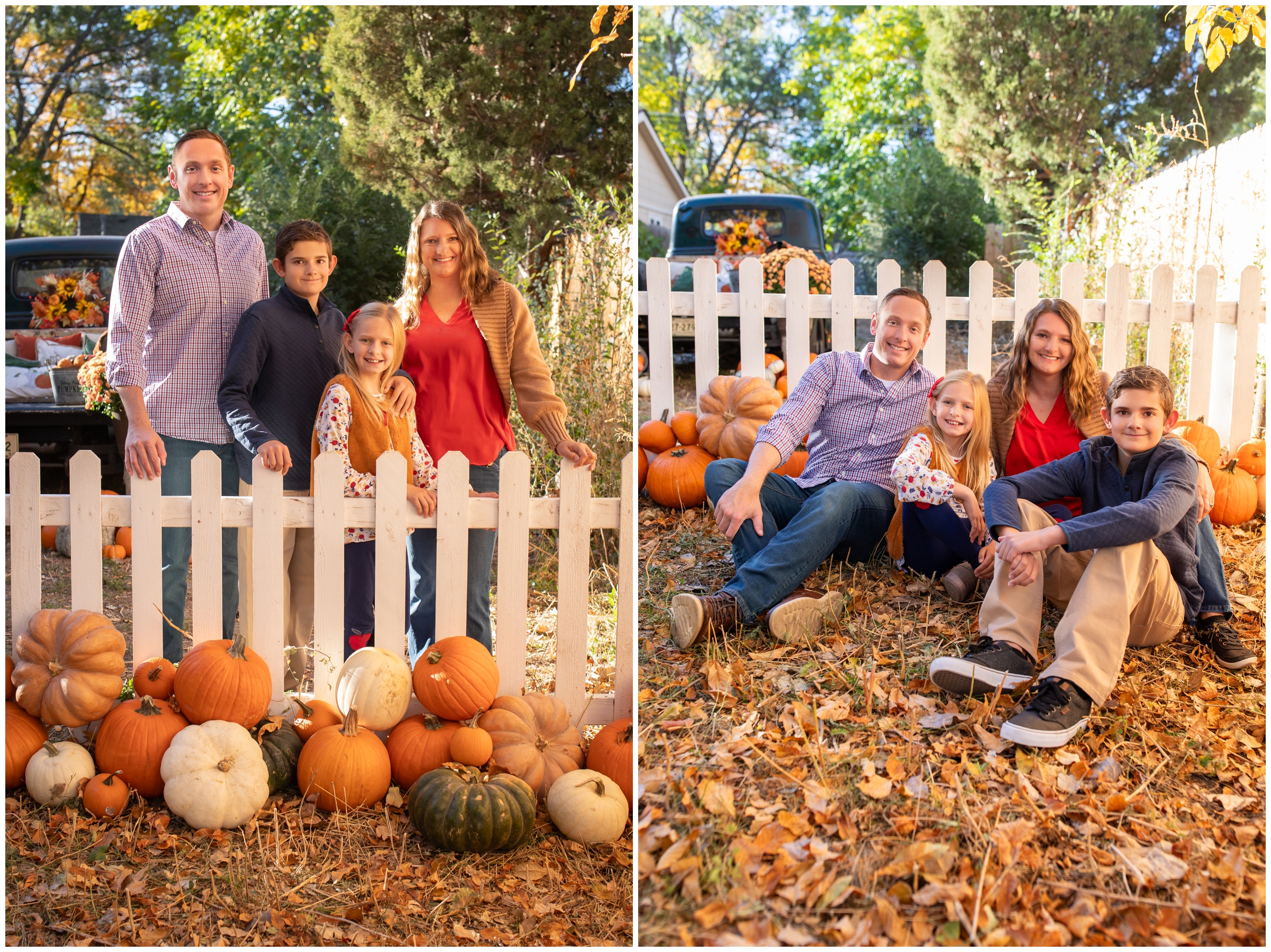 family laying in a pile of leaves with pumpkins around at fall family photography sessions in Frederick Colorado 