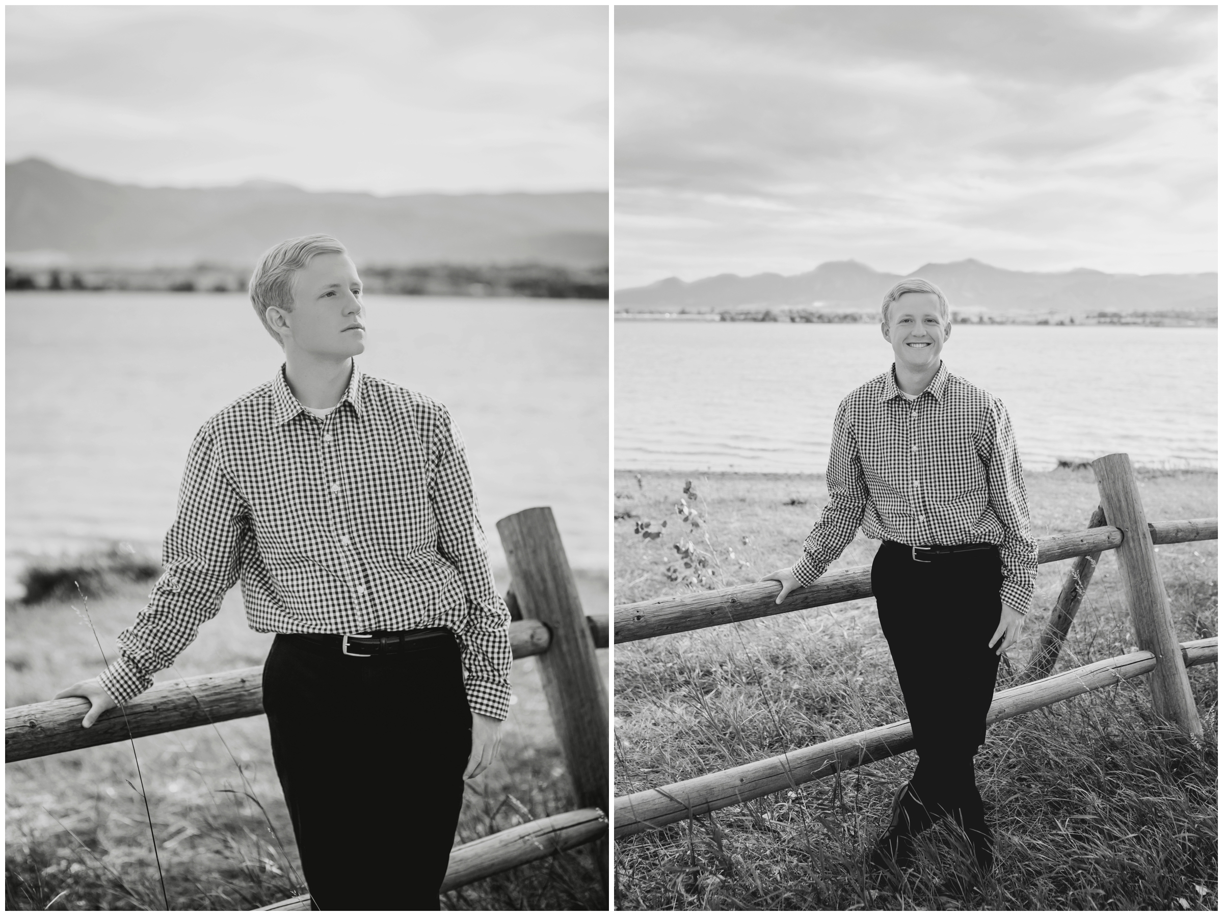 senior guy leaning on fence during graduation portraits at Coot Lake Colorado 