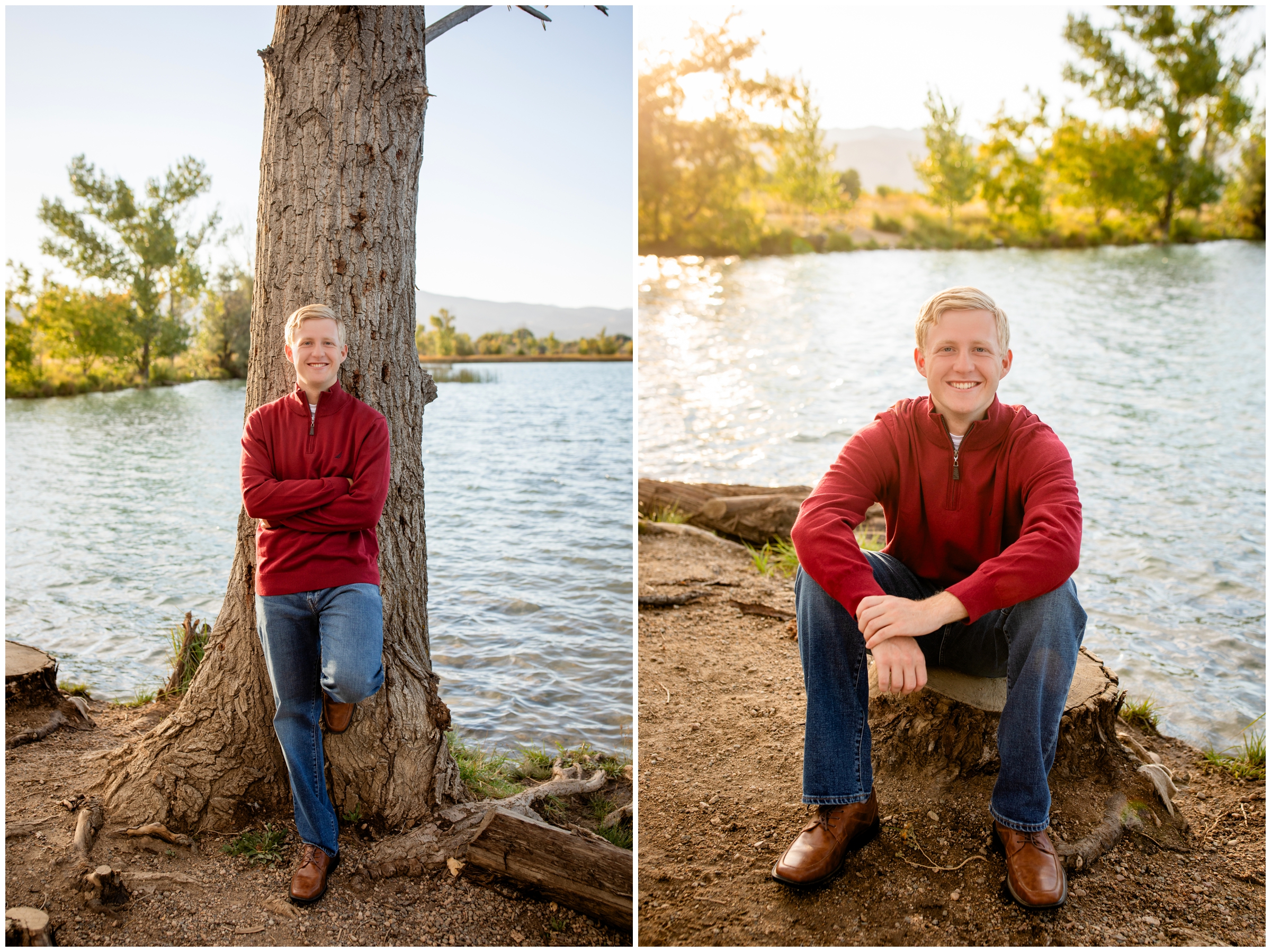 teen guy leaning against a tree at Coot Lake during Boulder graduation photography session