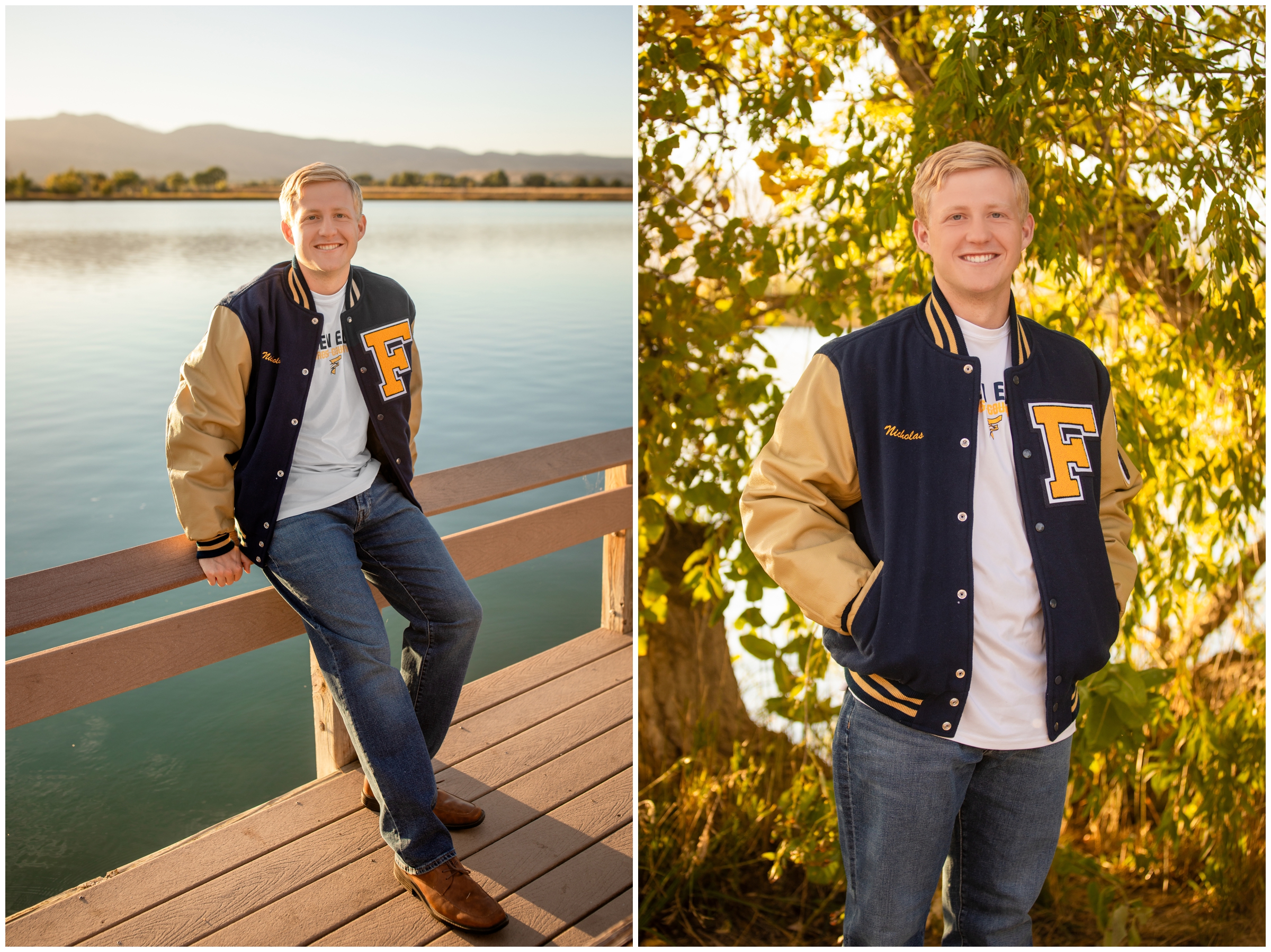 senior guy leaning on dock wearing Frederick High letterman jacket during Boulder Colorado senior photography session 