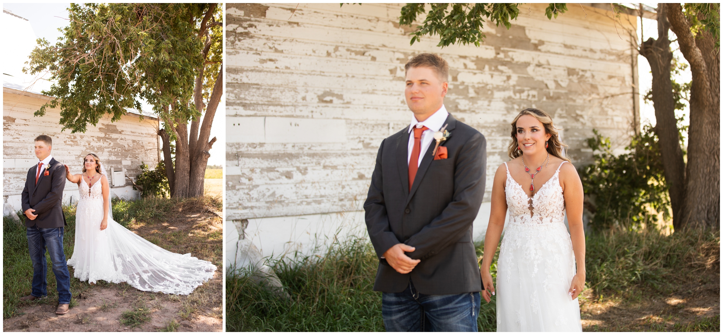 bride and groom doing first look in front of barn during rustic Colorado wedding 