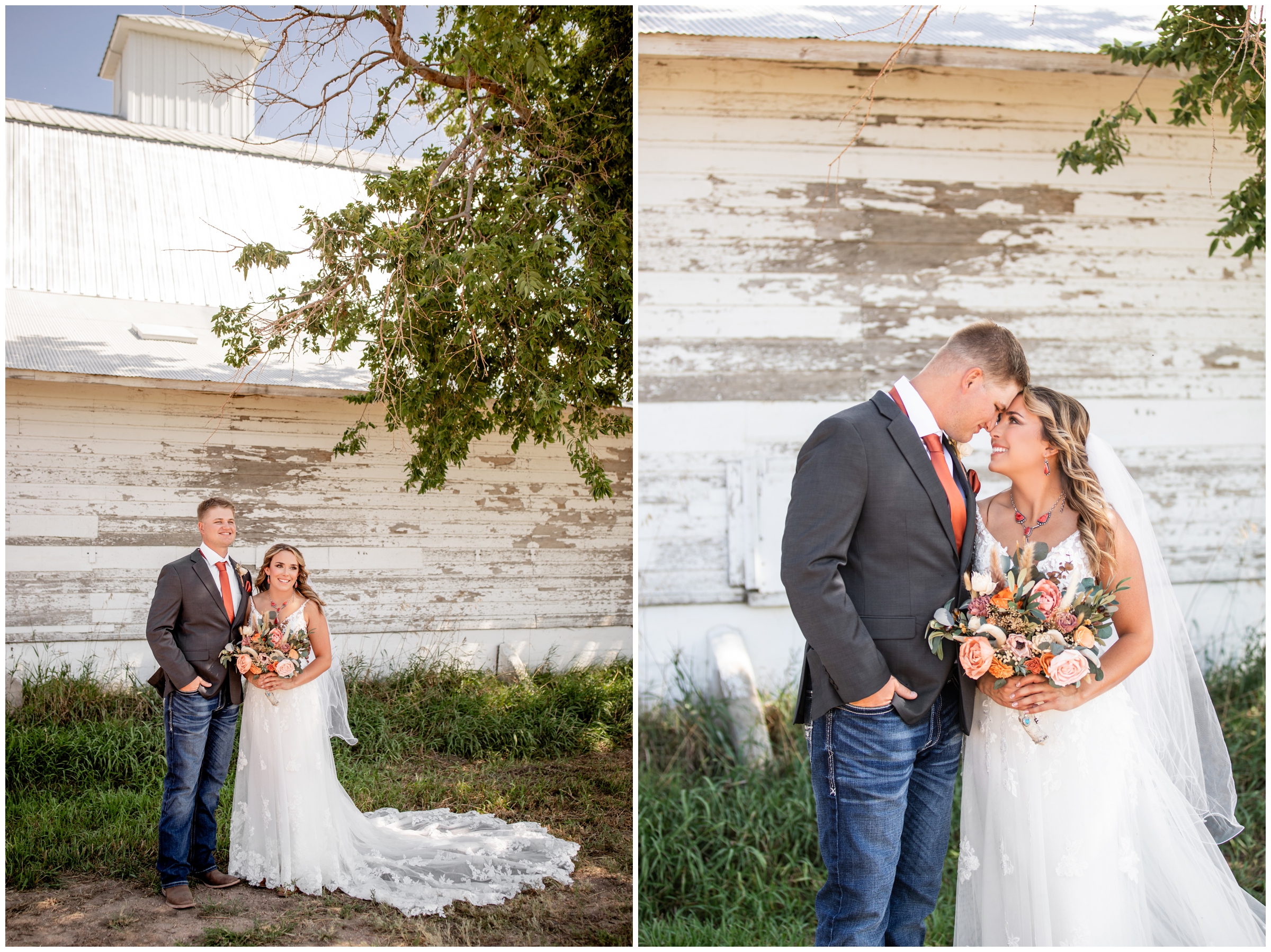 couple posing in front of barn during rustic summer wedding portraits in Northern Colorado 