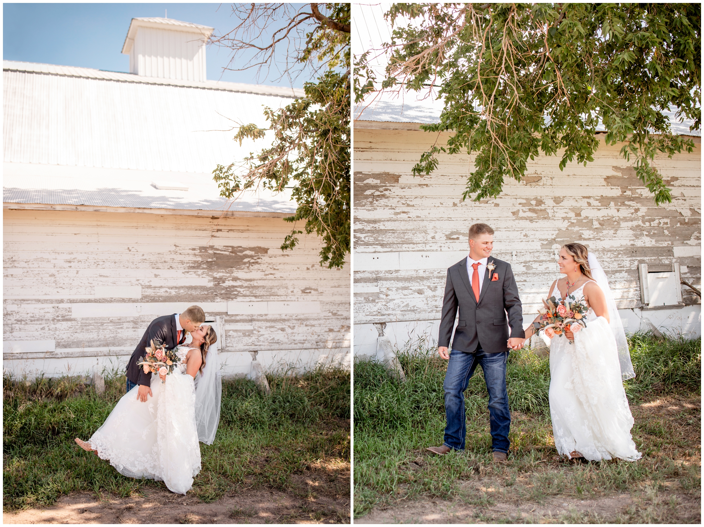 groom dipping bride during rustic wedding portraits in Haxtun Colorado by Plum Pretty photography 