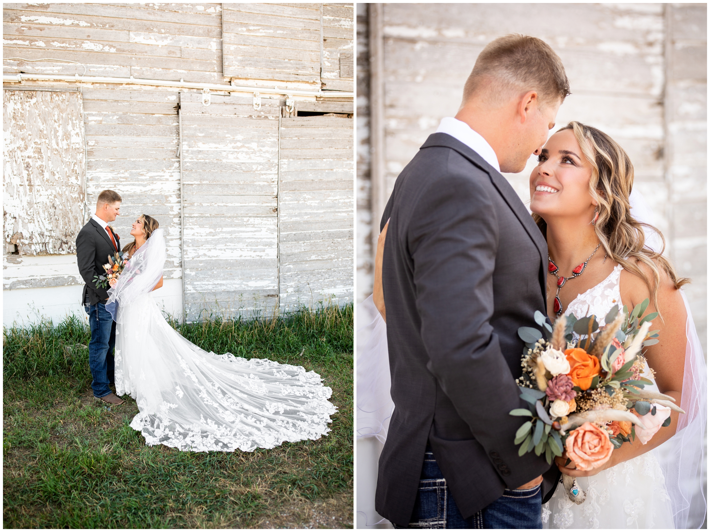 romantic couples portraits in front of a barn during Haxtun Colorado rustic wedding pictures 