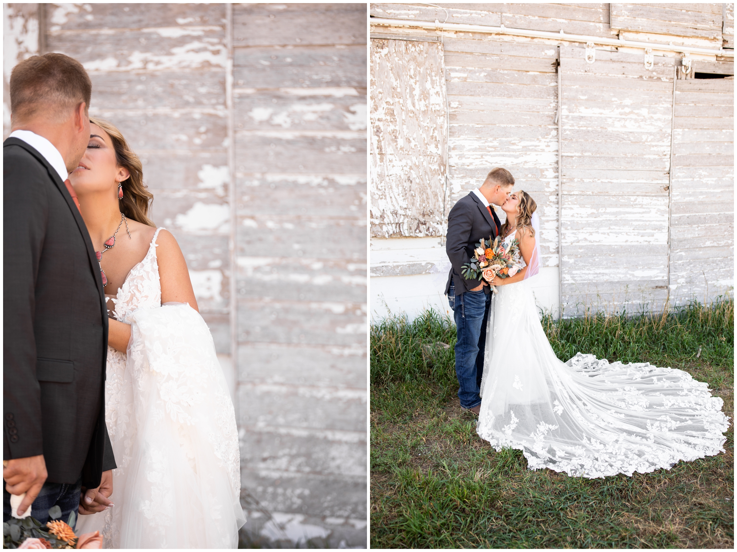 couple kissing in front of barn during rustic Colorado wedding pictures by Plum Pretty Photography 