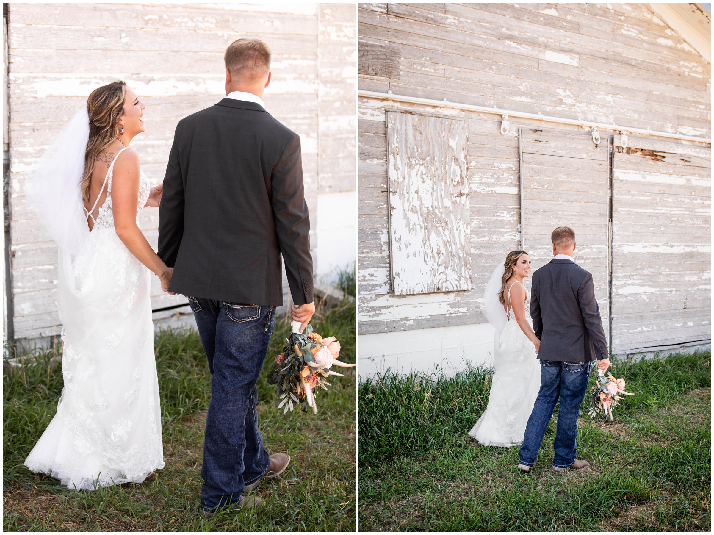 couple walking in front of barn during candid wedding pictures in Northern Colorado 