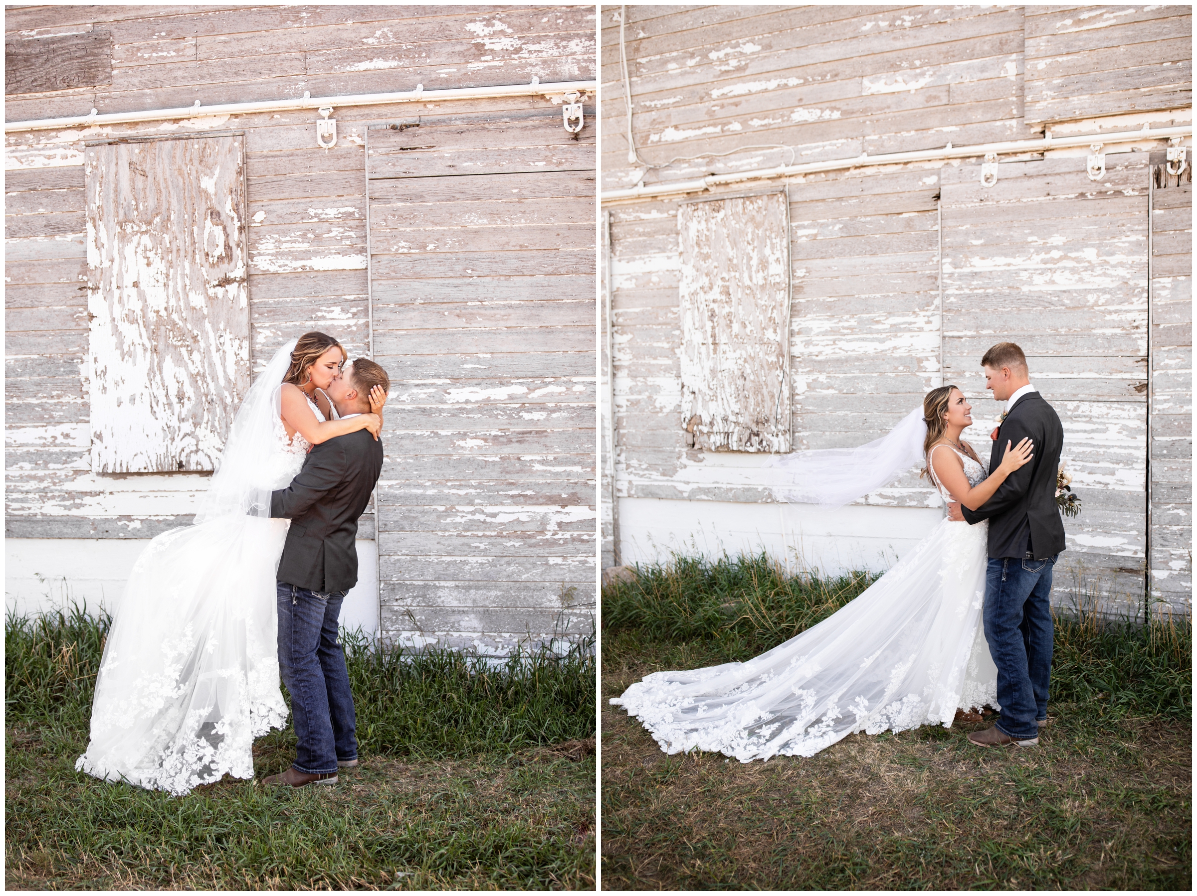 groom lifting bride during romantic wedding portraits at a rustic barn in Haxtun Colorado 