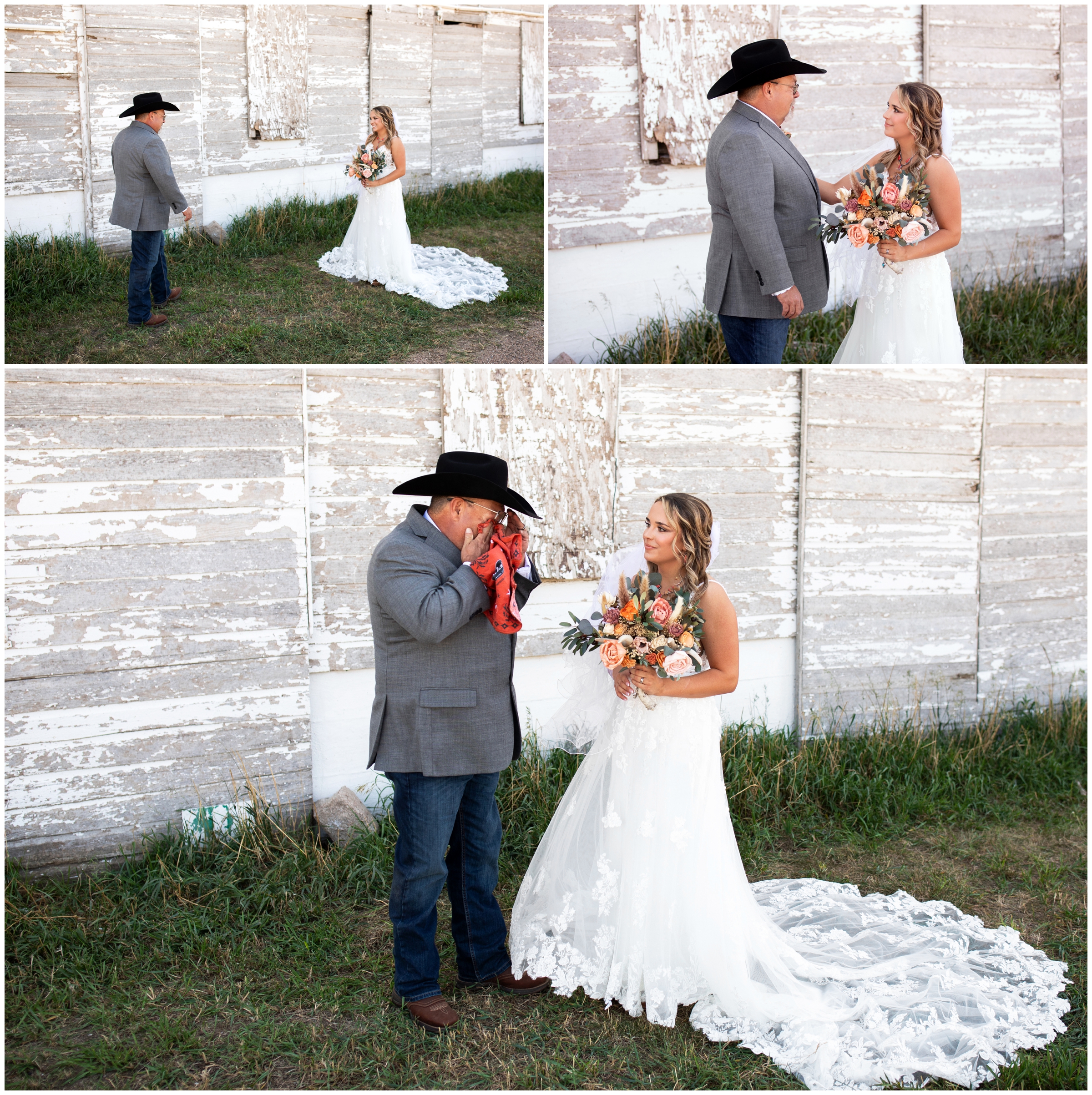 bride doing a first look with her dad in front of a barn in northern Colorado 