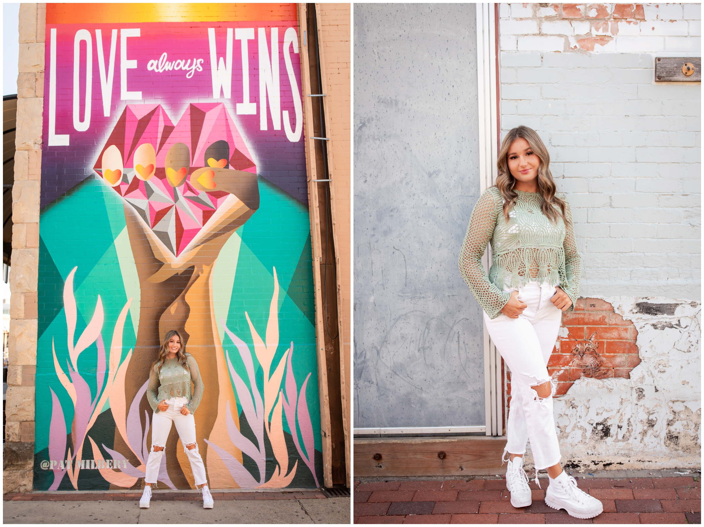 teen girl posing in front of colorful wall mural in downtown Boulder during Holy Family High School senior portraits 