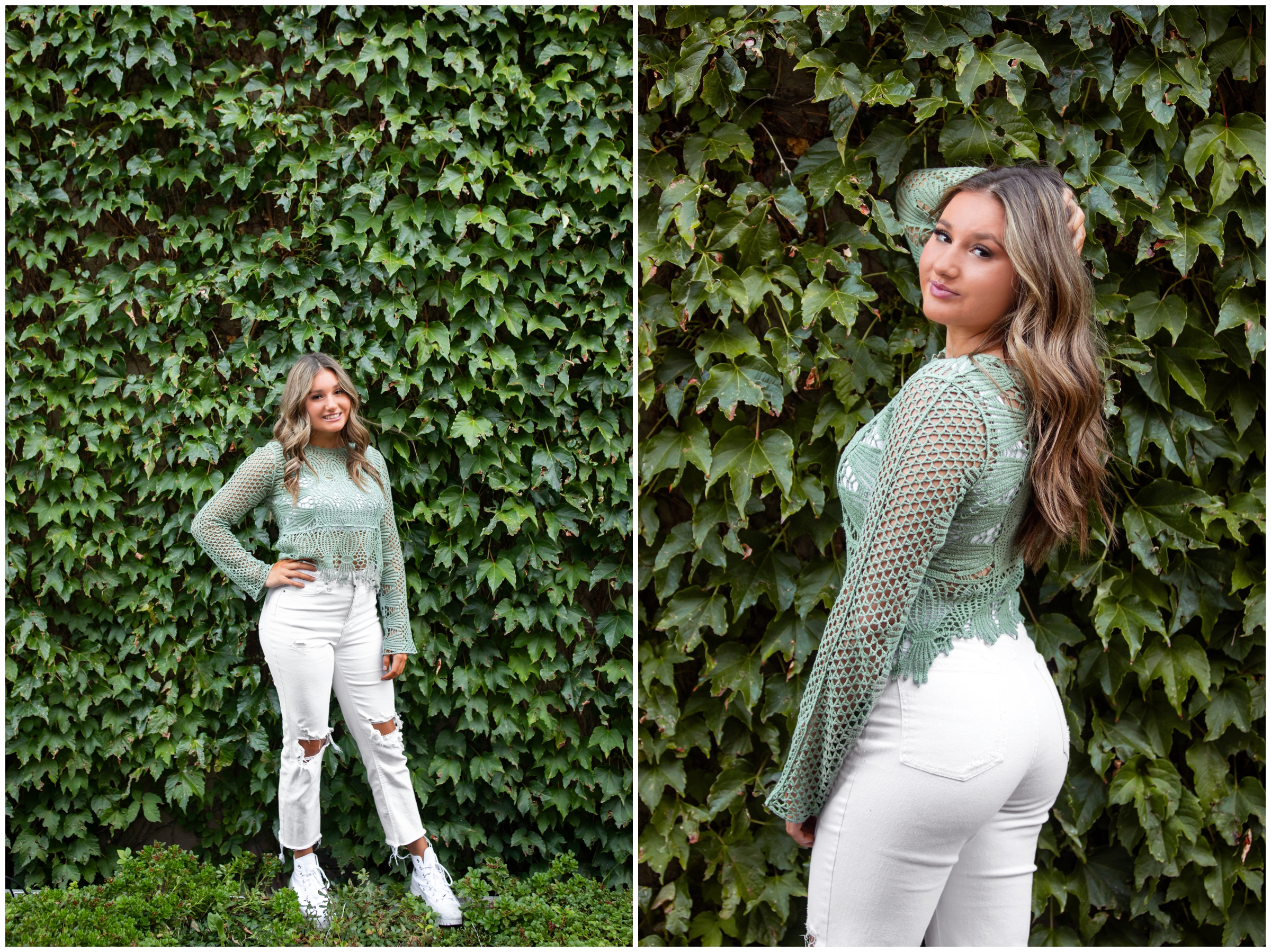 teen posing in front of ivy wall during Boulder Colorado senior photos by Plum Pretty Photography 