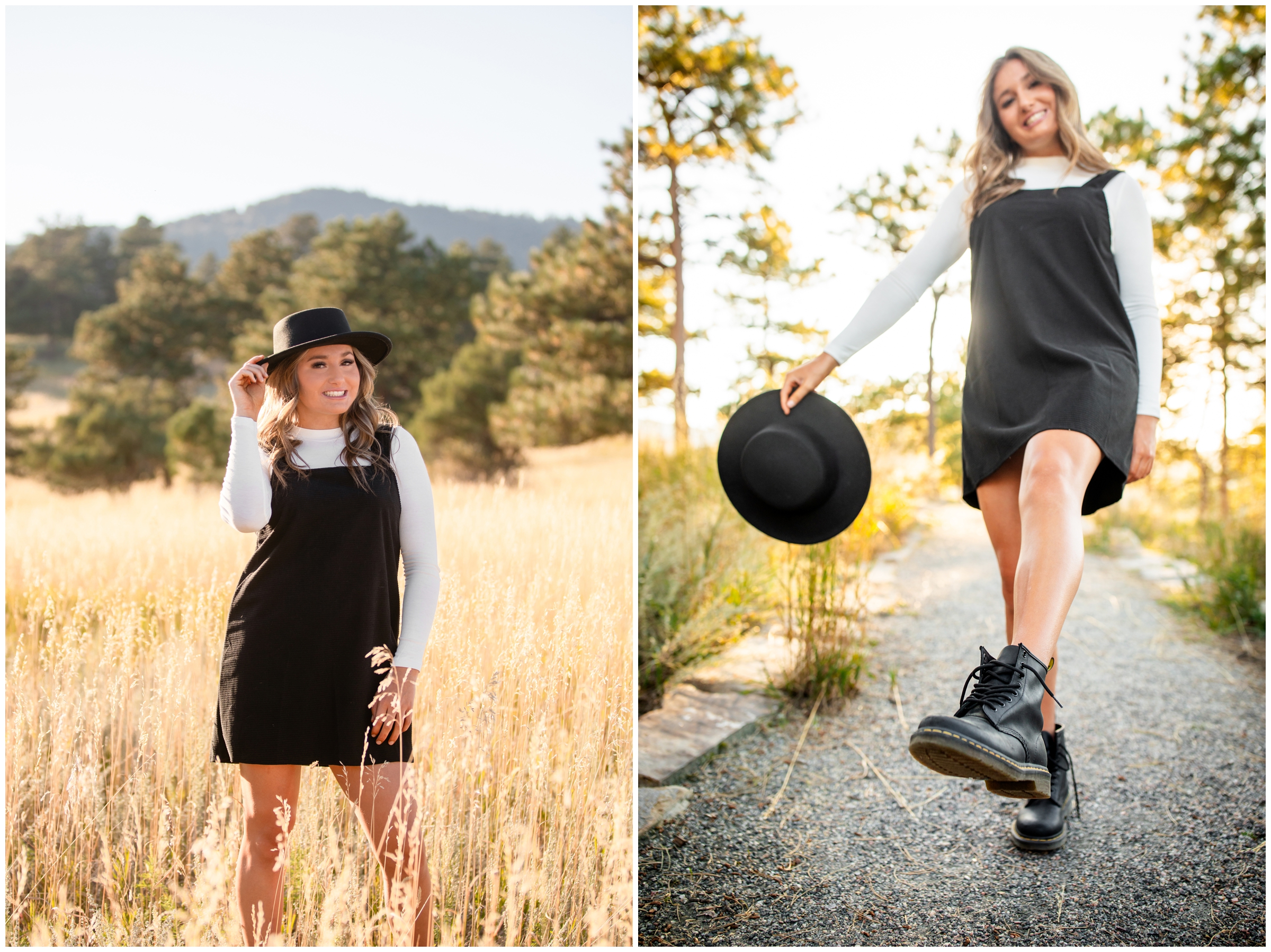 teen girl in corduroy jumper and Dr. Martens during Holy Family High School senior pictures at Betasso Preserve Boulder 