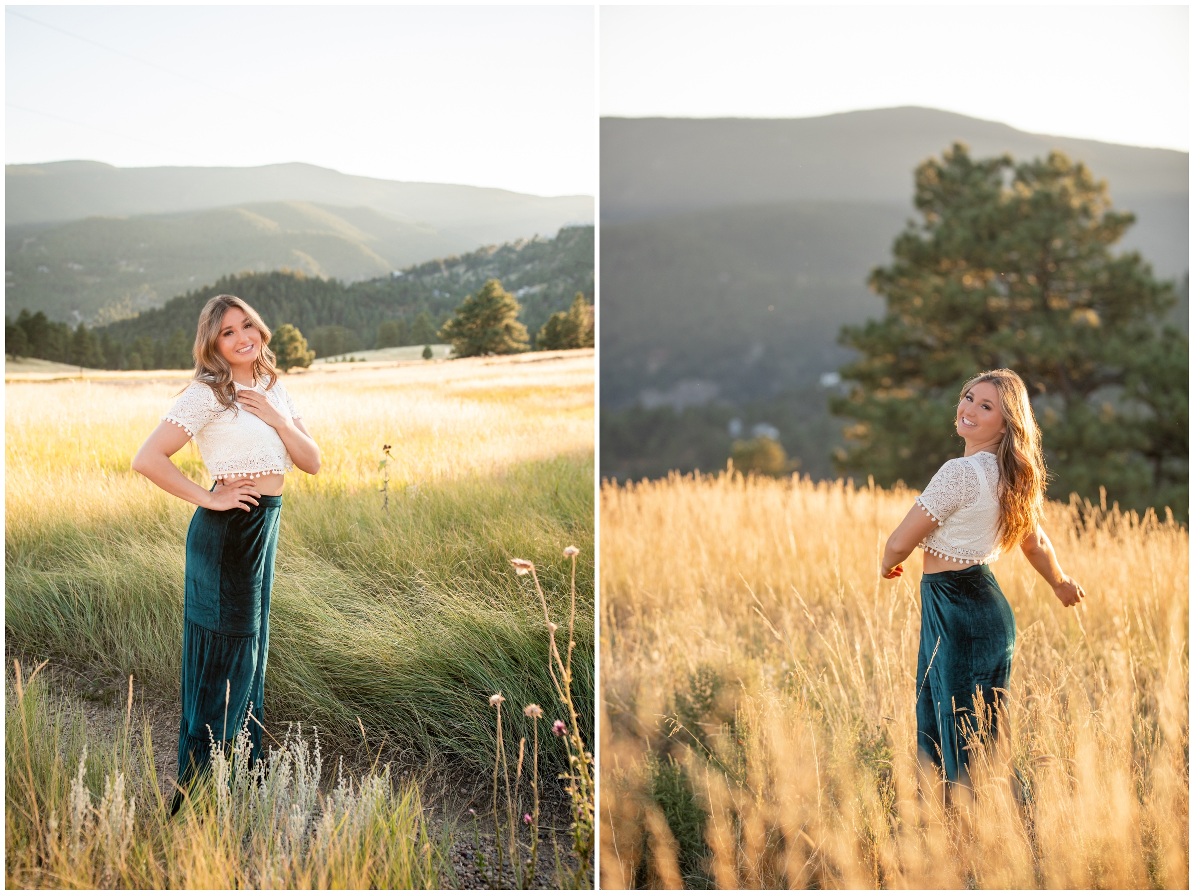 teen walking through mountain field during Holy family high senior pictures at Betasso Preserve in Boulder Colorado 
