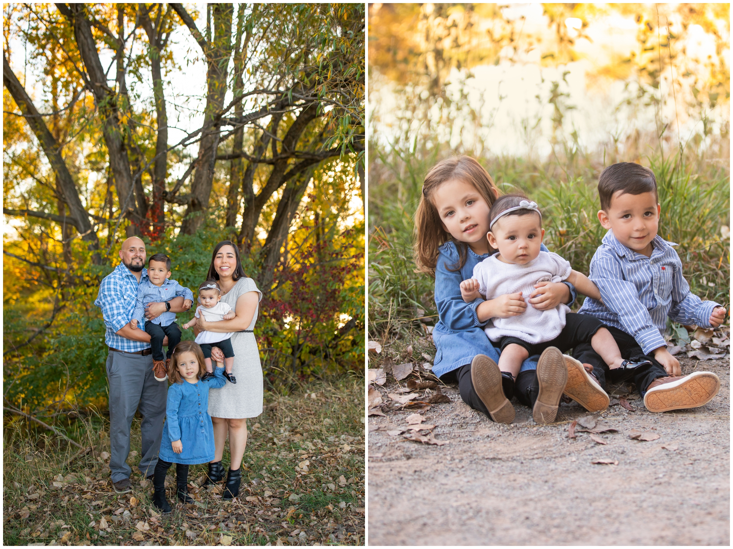 family posing in front of colorful fall foliage during Longmont Colorado family pictures at Golden Ponds