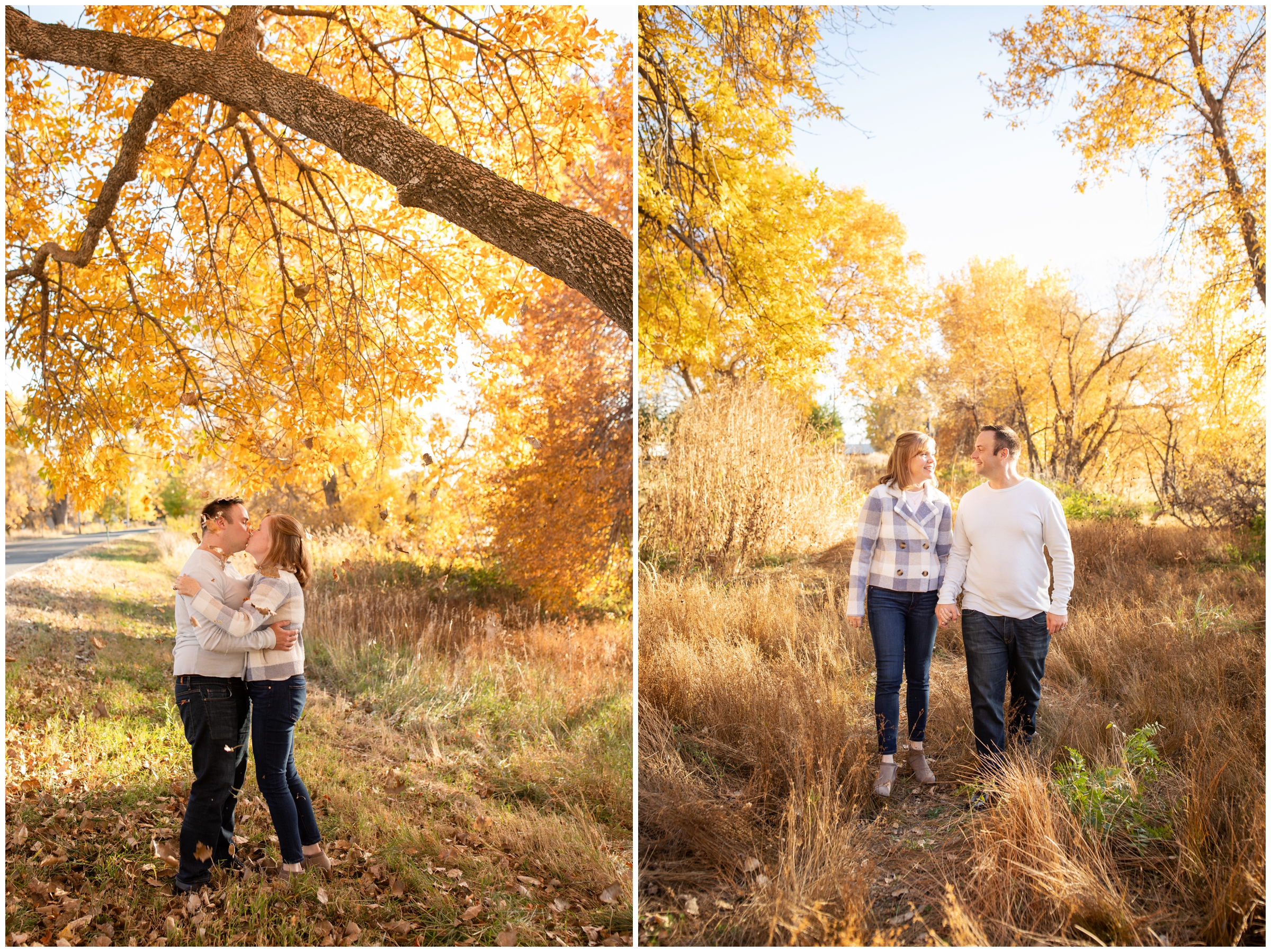 couple walking through golden field during candid engagement pictures in Colorado 