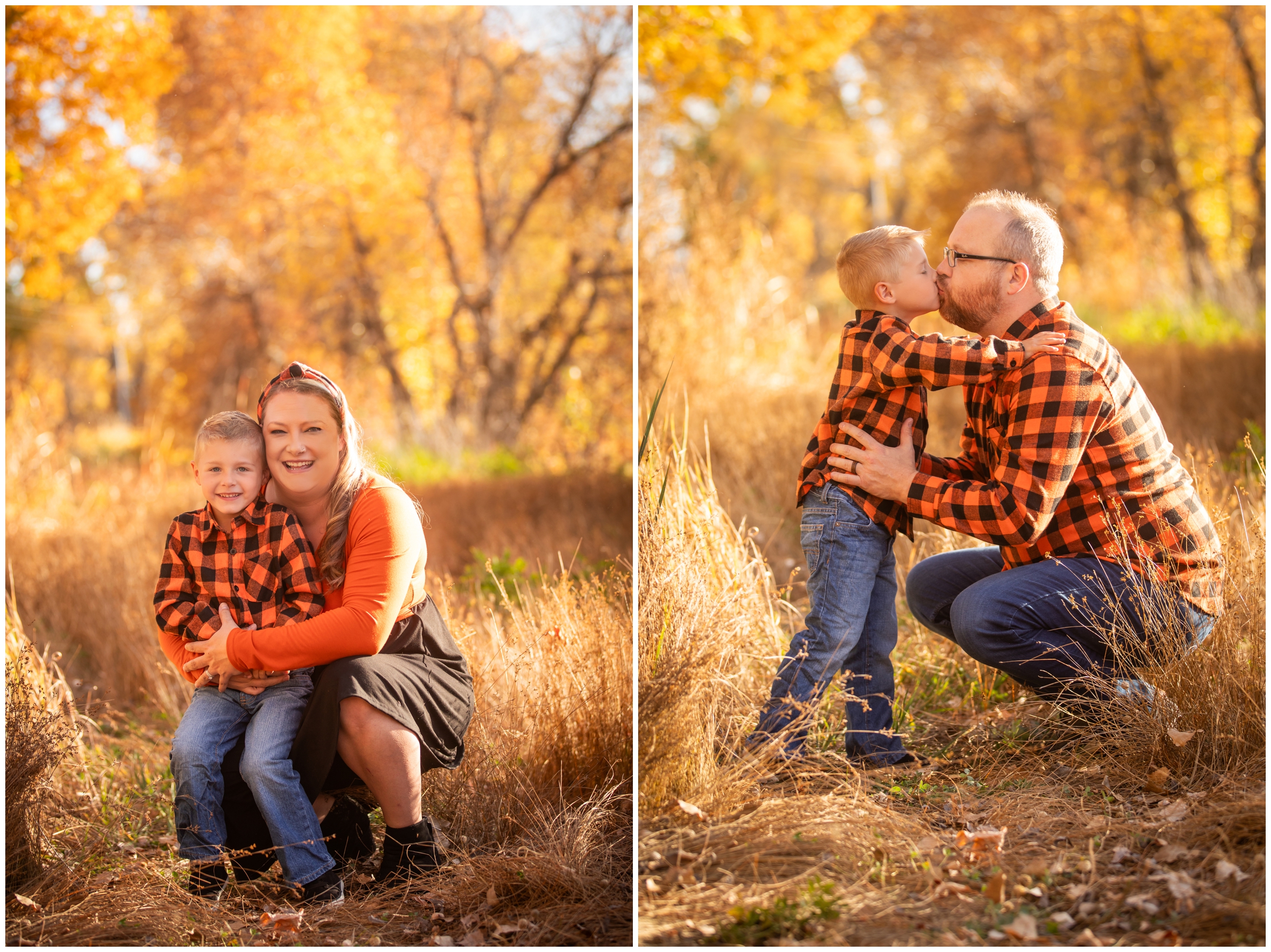 family posing in front of colorful fall foliage during Mead Colorado portrait photography session 
