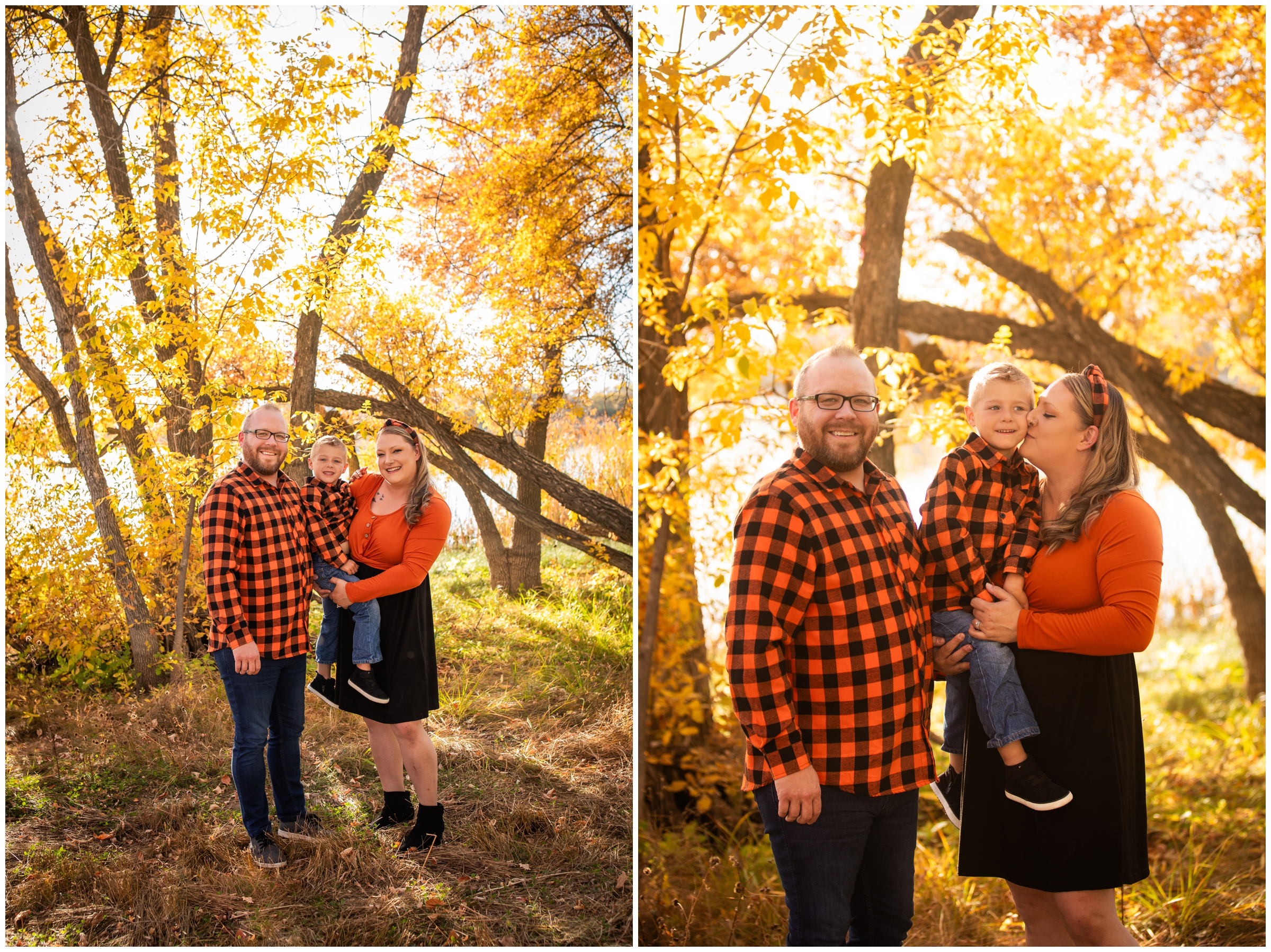 family posing with colorful fall foliage during Mead Colorado family pictures by Plum Pretty Photography