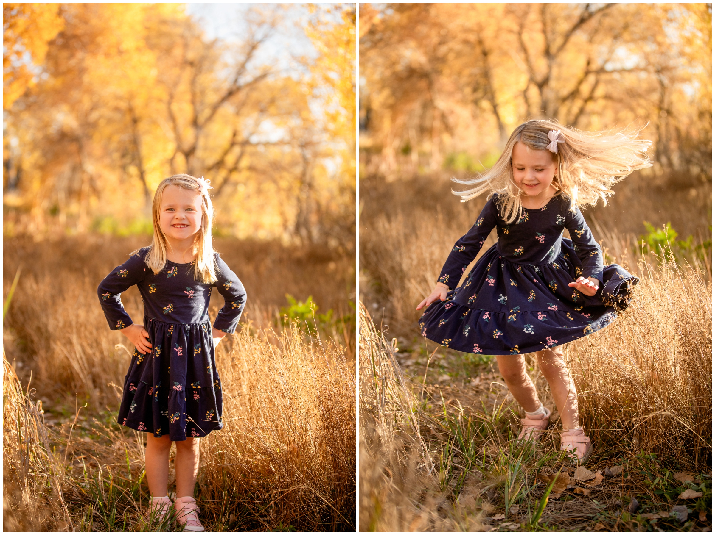 little girl twirling in a field during fall mini family photography session in Mead Colorado 