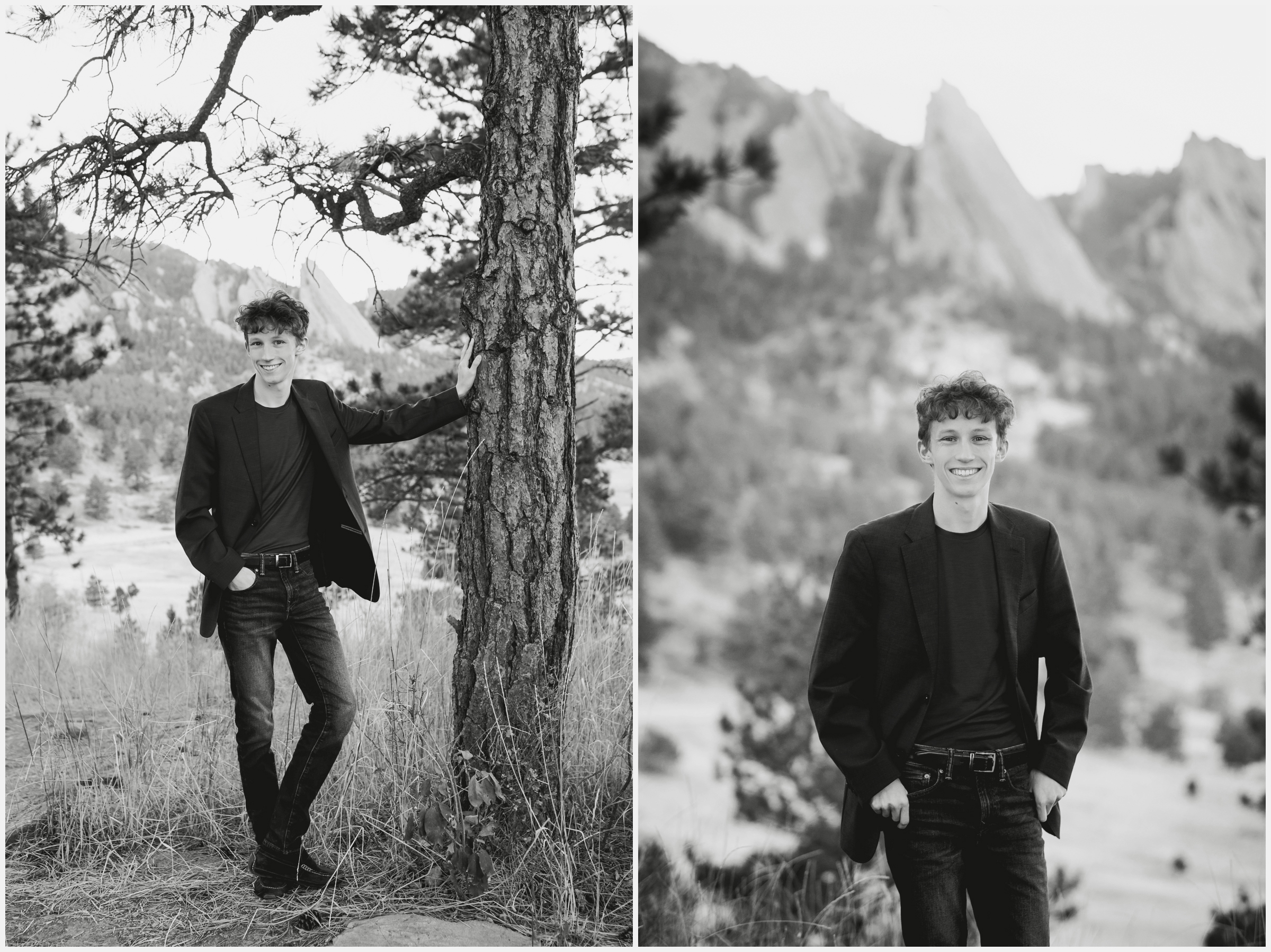 teen guy leaning against a tree with flatirons mountains in background during Boulder senior pictures at NCAR