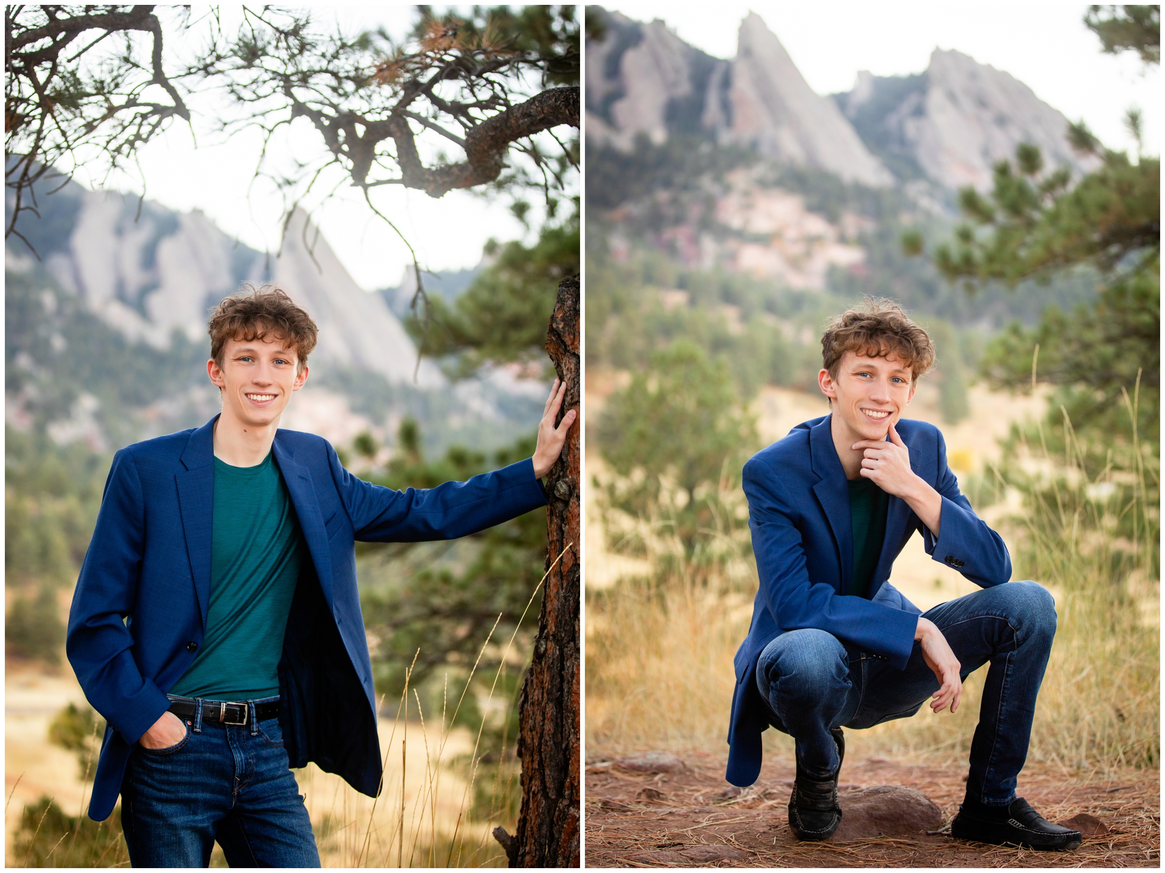 teen leaning against a tree with mountains in background during NCAR Boulder Colorado senior photos by Plum pretty Photography 