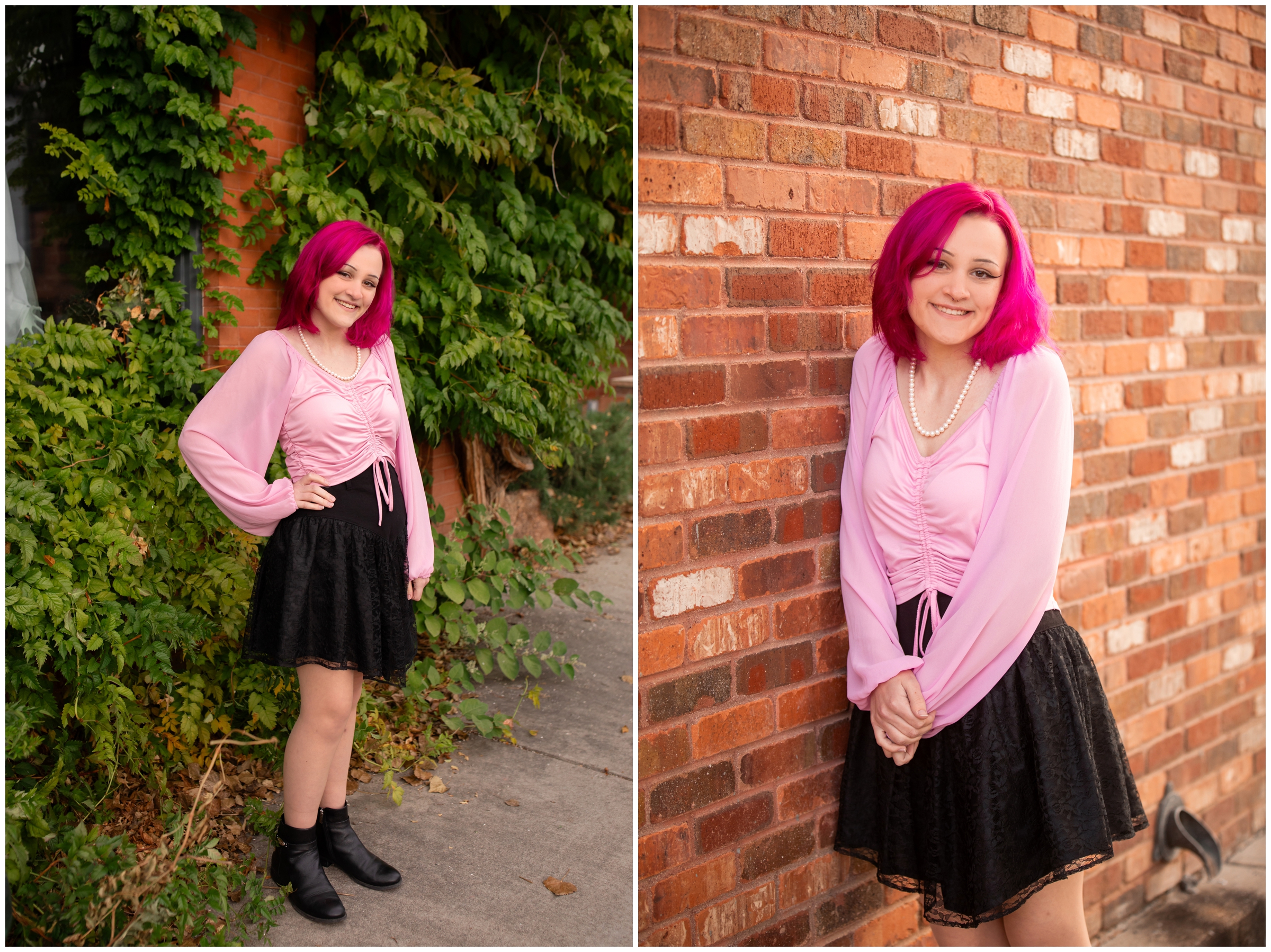 teen leaning against brick wall during Niwot Colorado senior pictures by Plum Pretty Photography 