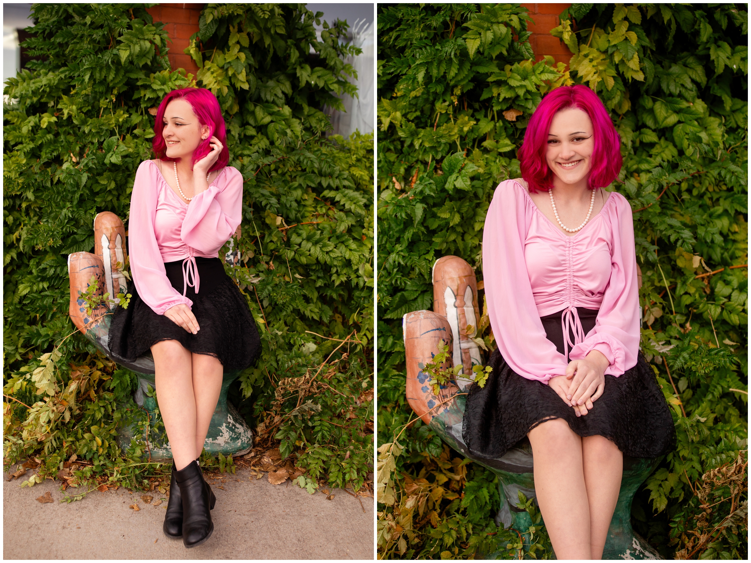 teen with hot pink hair posing in front of ivy wall during Niwot Colorado urban senior photos by Plum Pretty Photography 