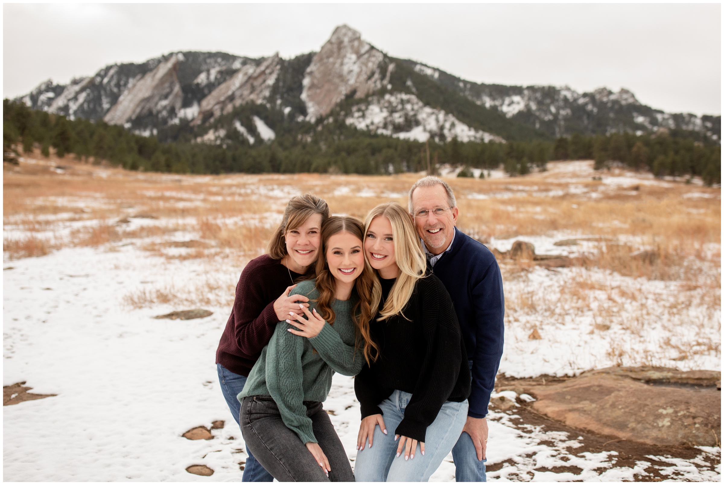 adult family photography session at Chautauqua Park during winter