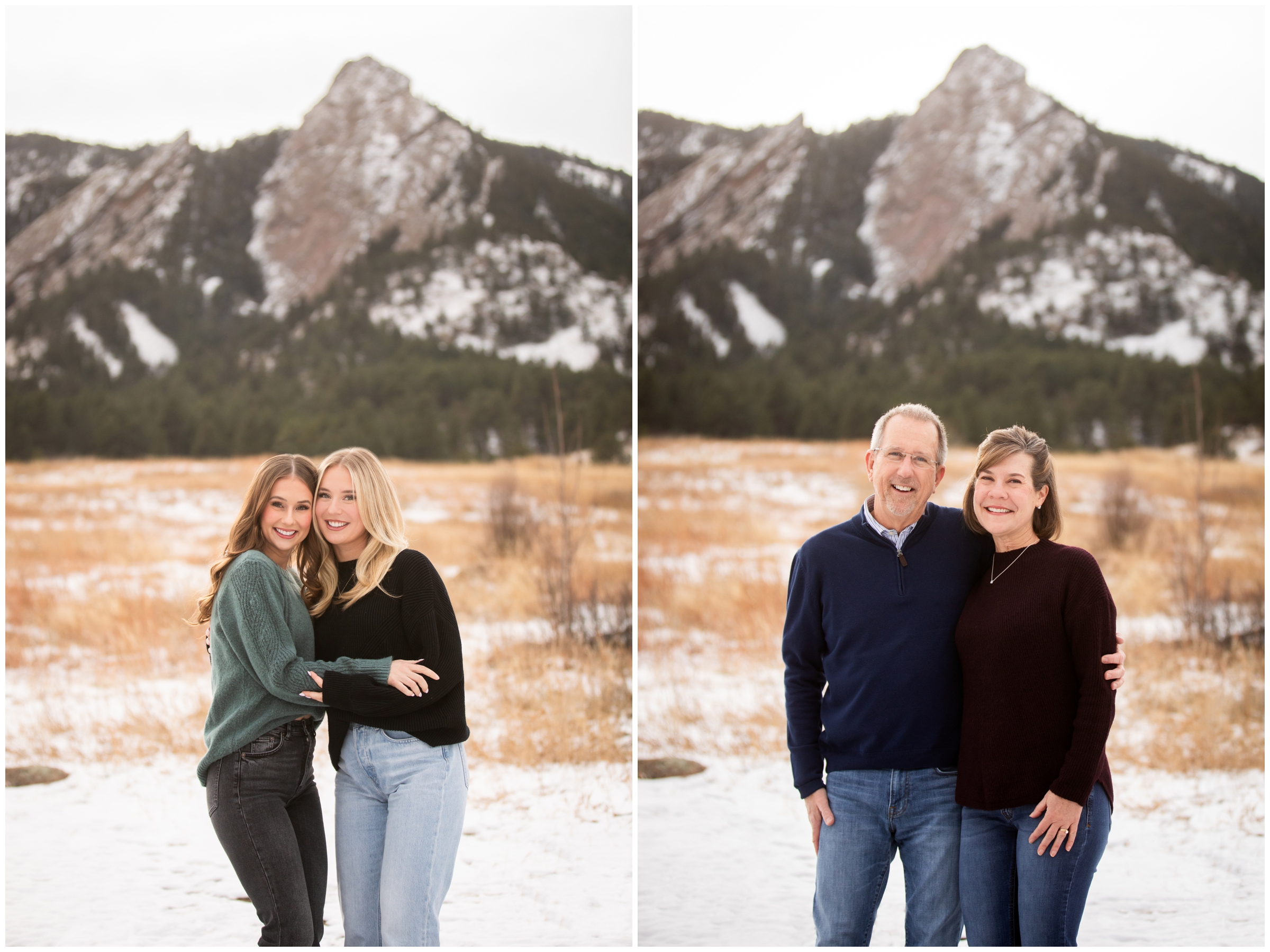 sisters hugging during adult family photos in Boulder Colorado