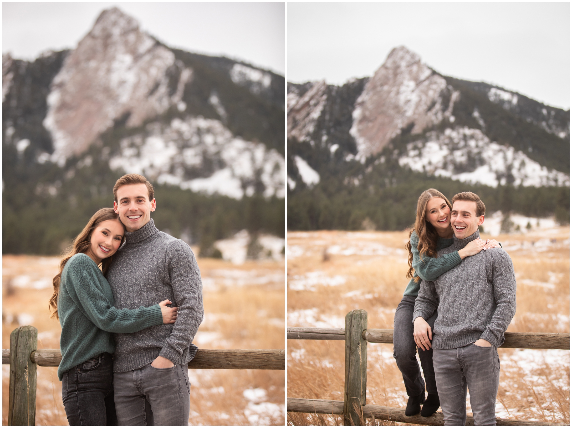 couple cuddling with flatirons in the background during Colorado couple's photography session at Chautauqua Park 