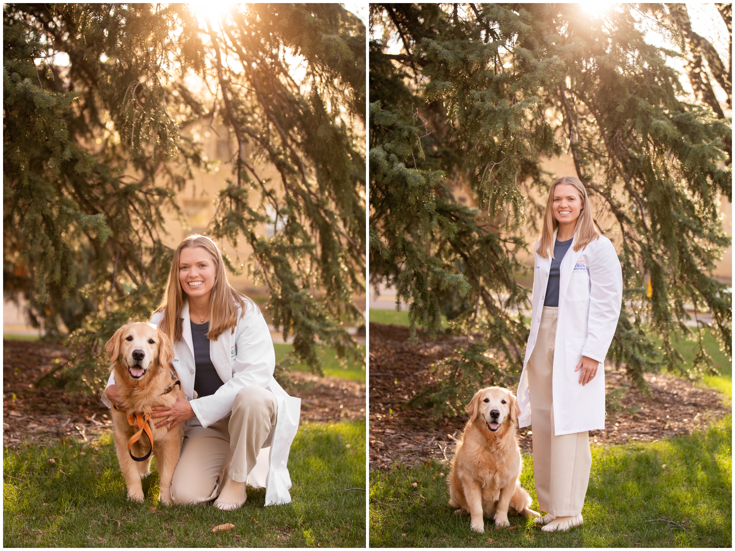 doctor posing with dog during college senior portraits at Colorado State University