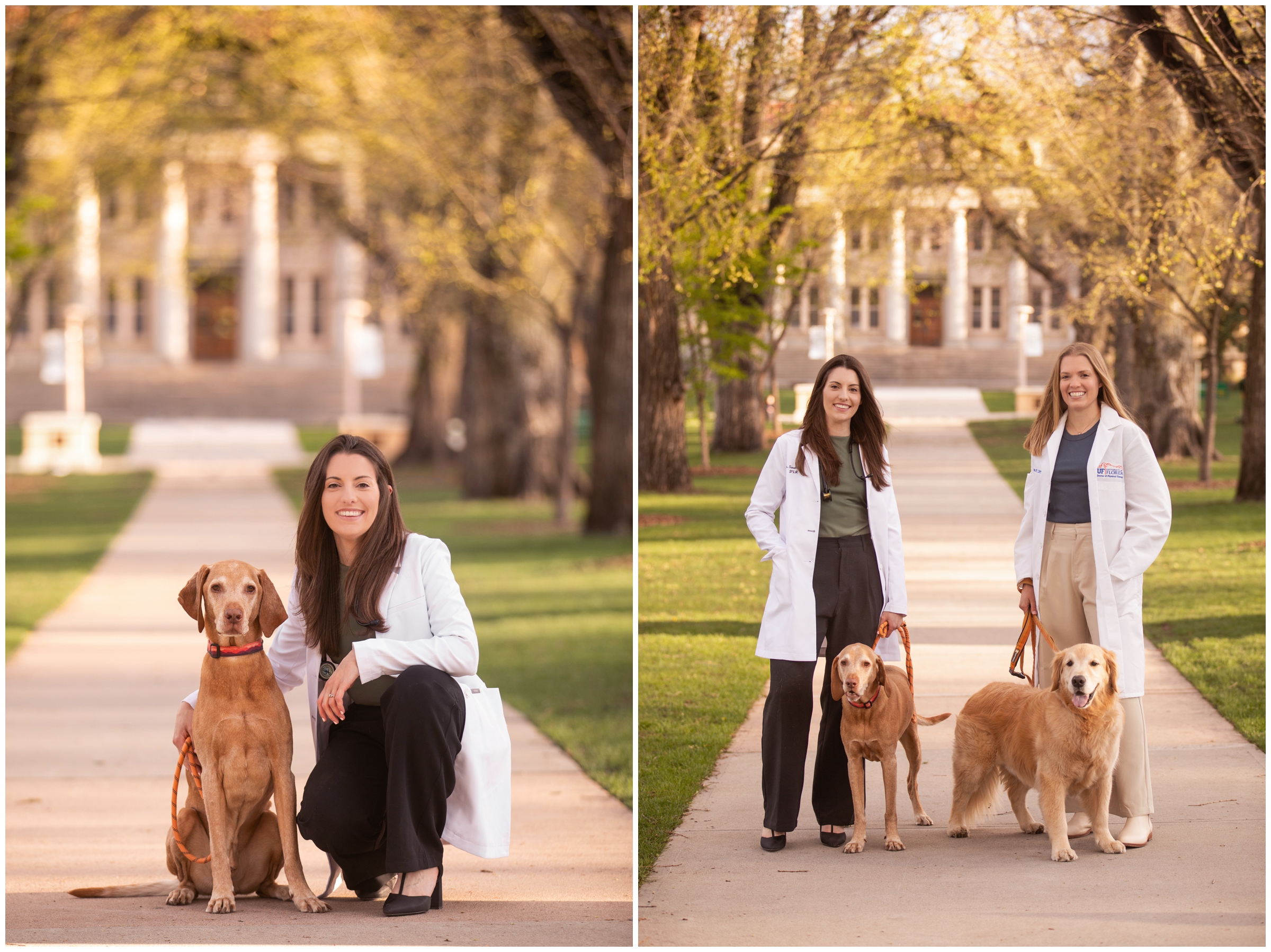 woman and her dog posing at the oval at CSU during college of veterinary medicine graduation portraits by Plum Pretty Photography