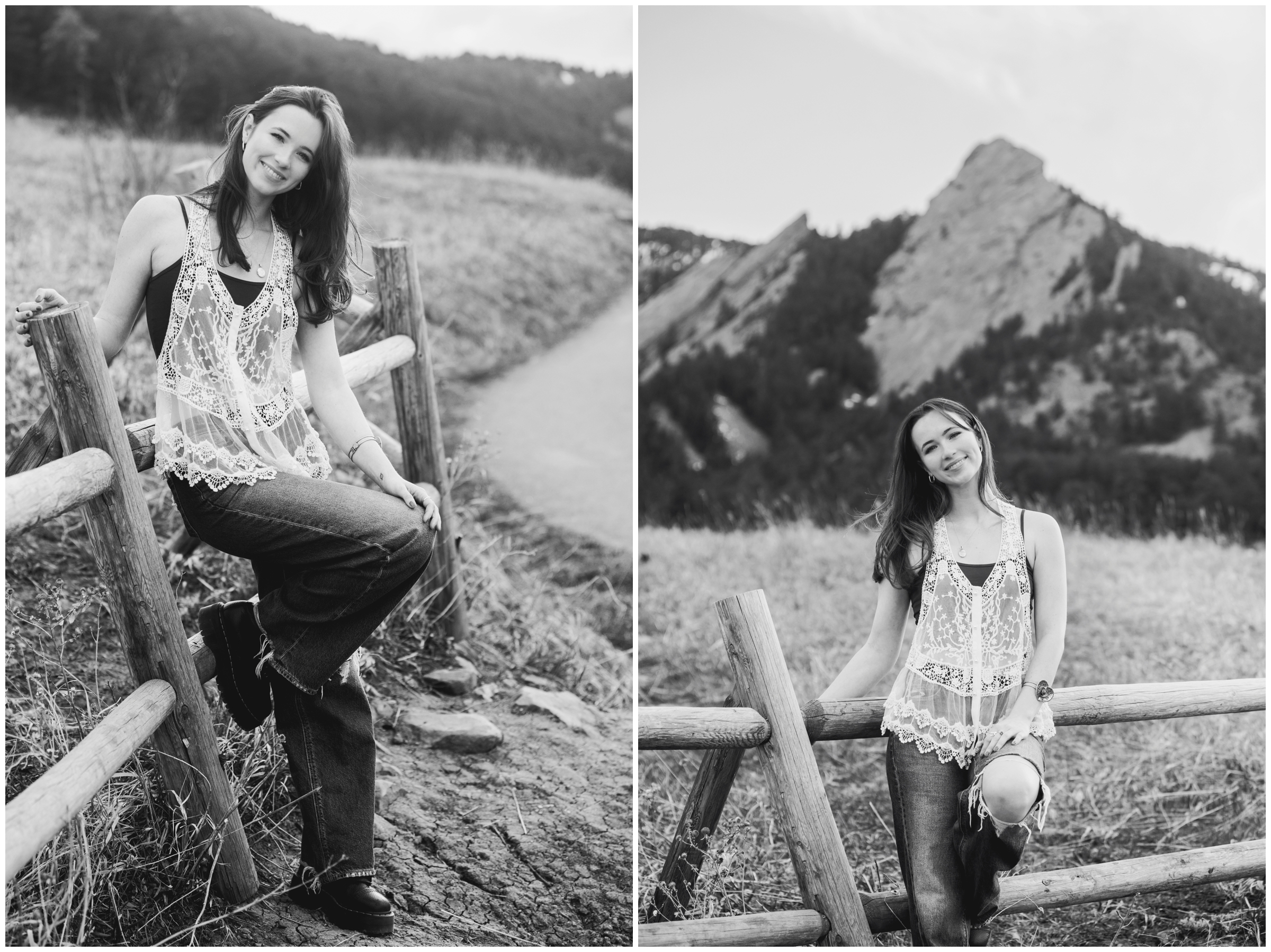 woman leaning against wooden fence during CU Boulder college senior pictures at Chautauqua Park