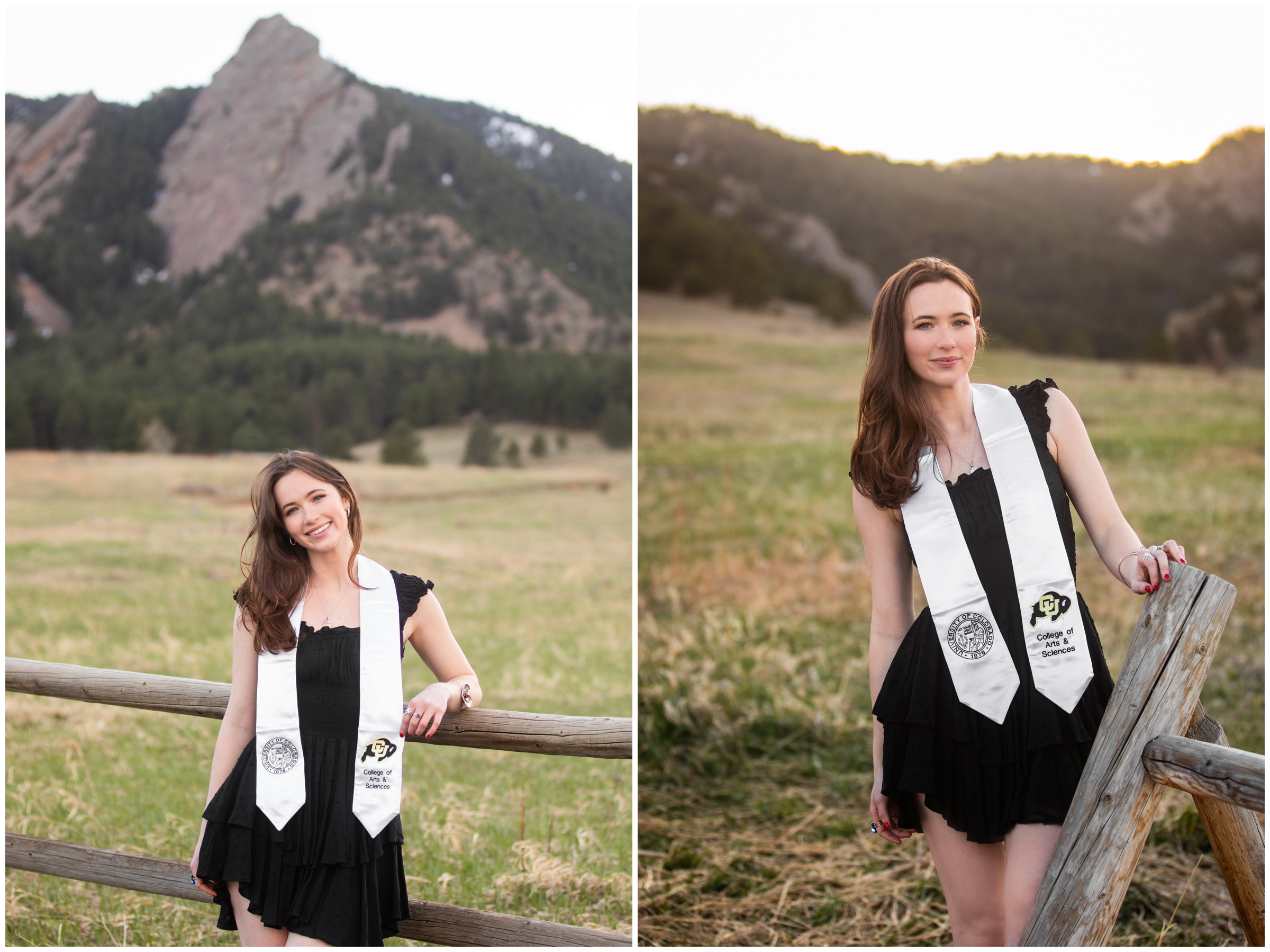 woman leaning on wood fence during University of Colorado Boulder college senior pictures at Chautauqua