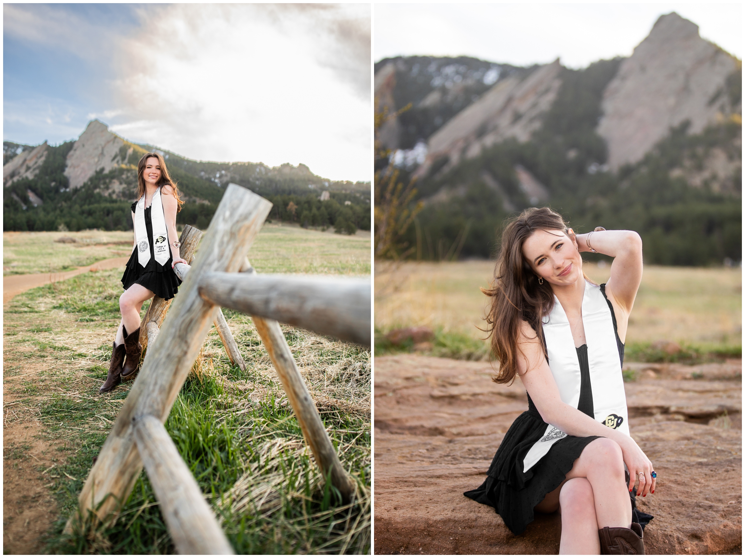 woman leaning on wooden fence during CU Boulder college senior photos at Chautauqua