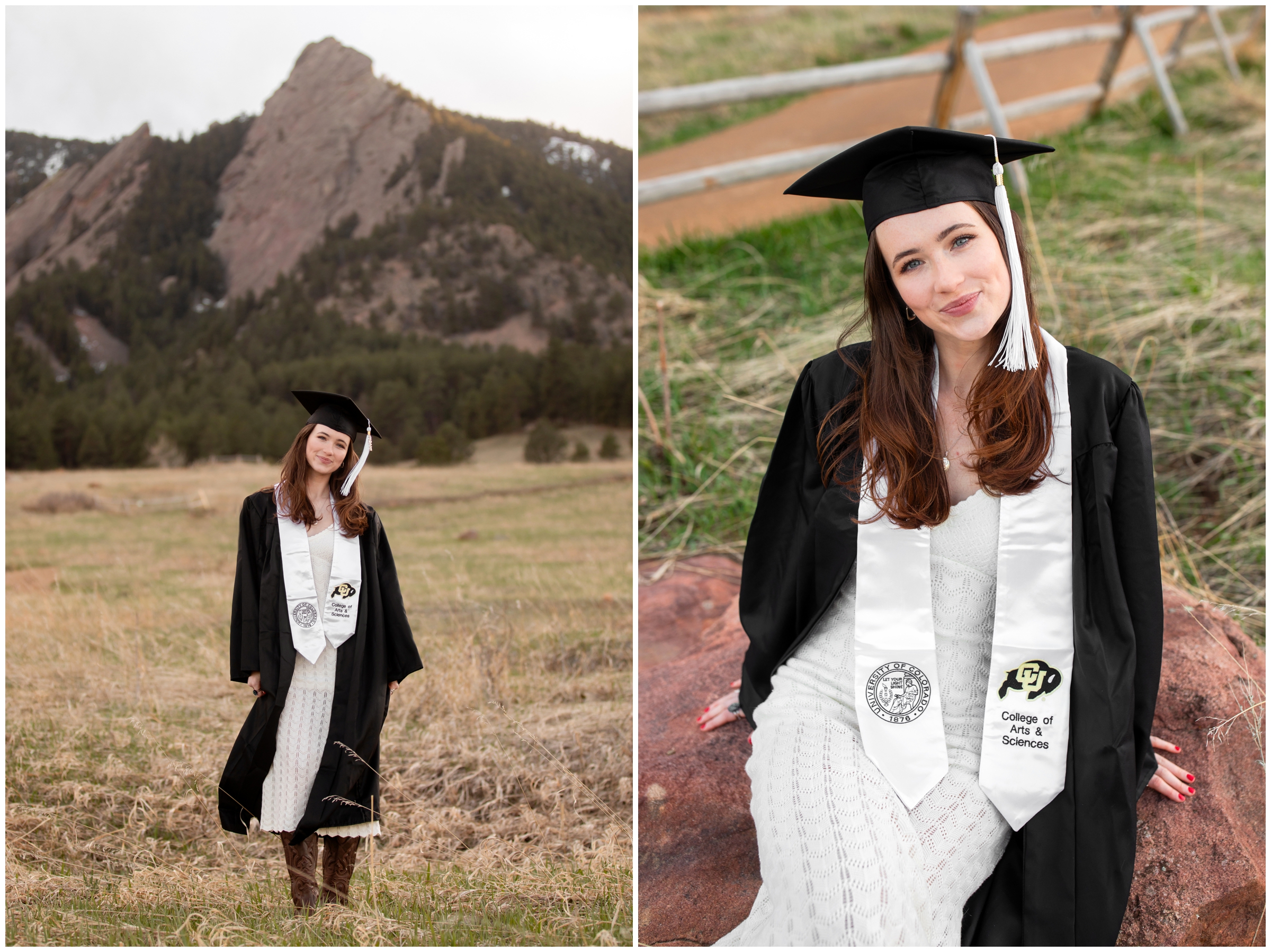 woman in cap and gown posing in front of flatirons during CU Boulder college senior photos at Chautauqua Park 