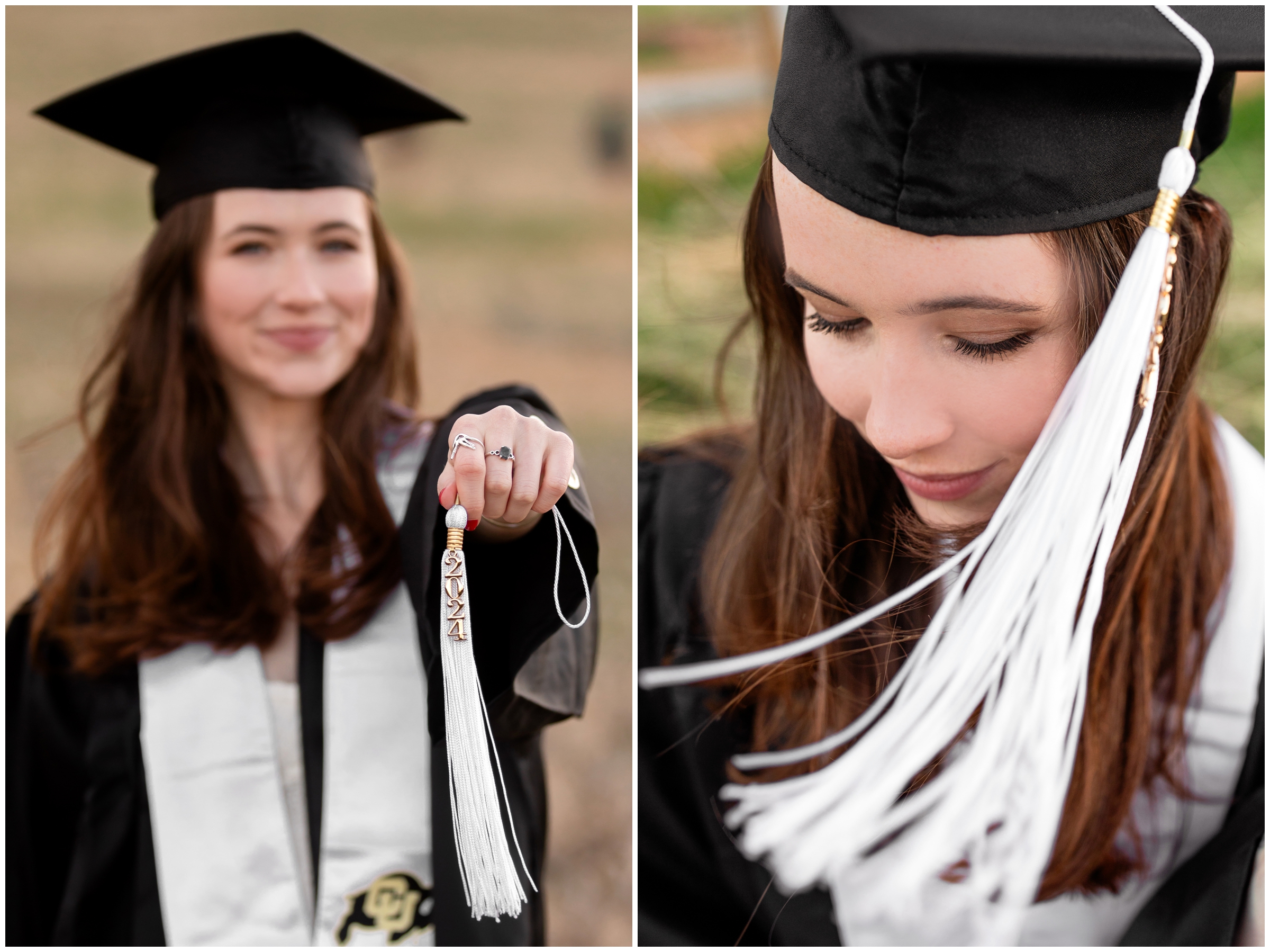 woman holding out graduation tassel during Colorado cap and gown photography session at Chautauqua 