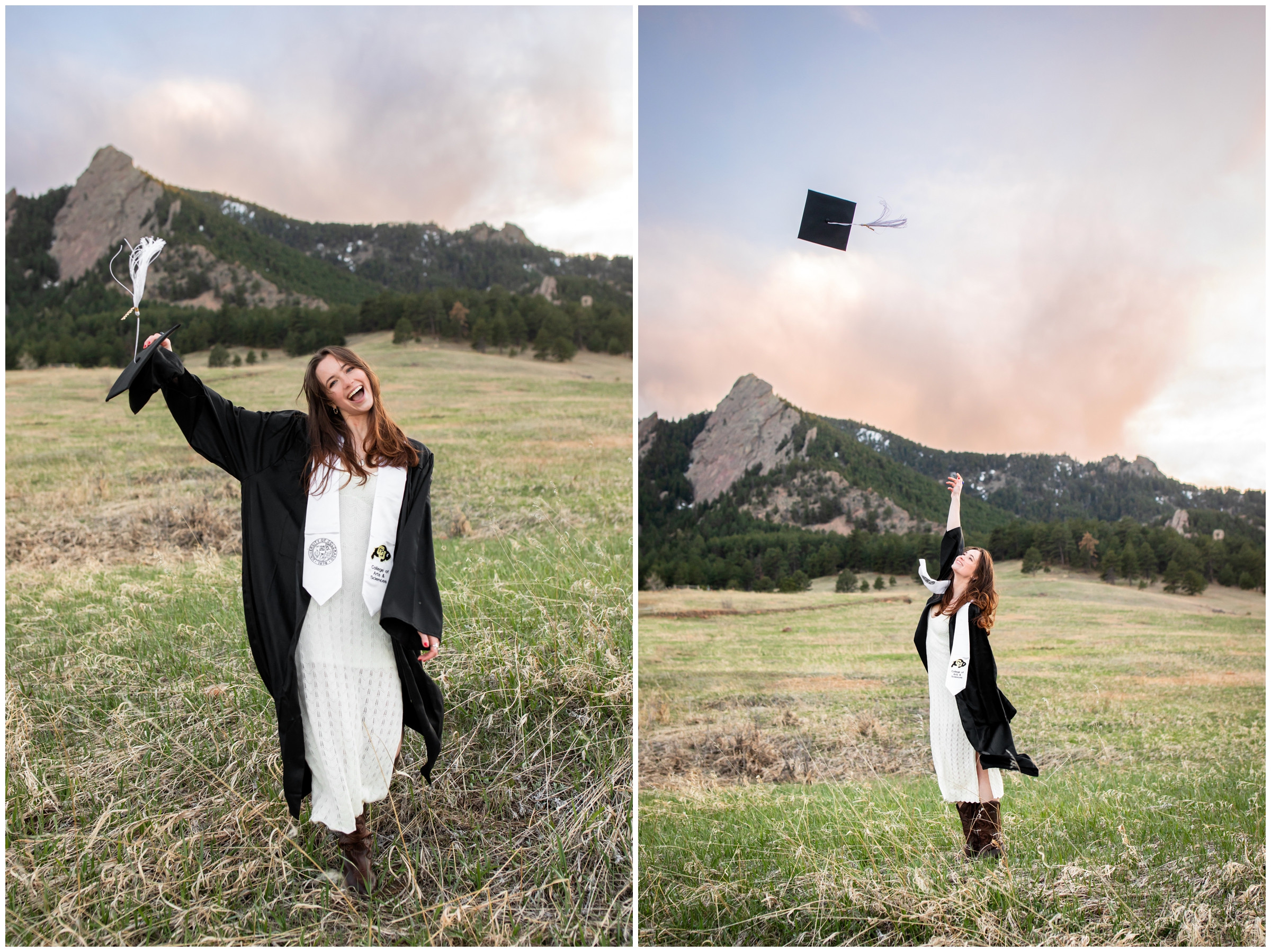 woman throwing graduation cap into the air during CU Boulder college senior photos at Chautauqua Park