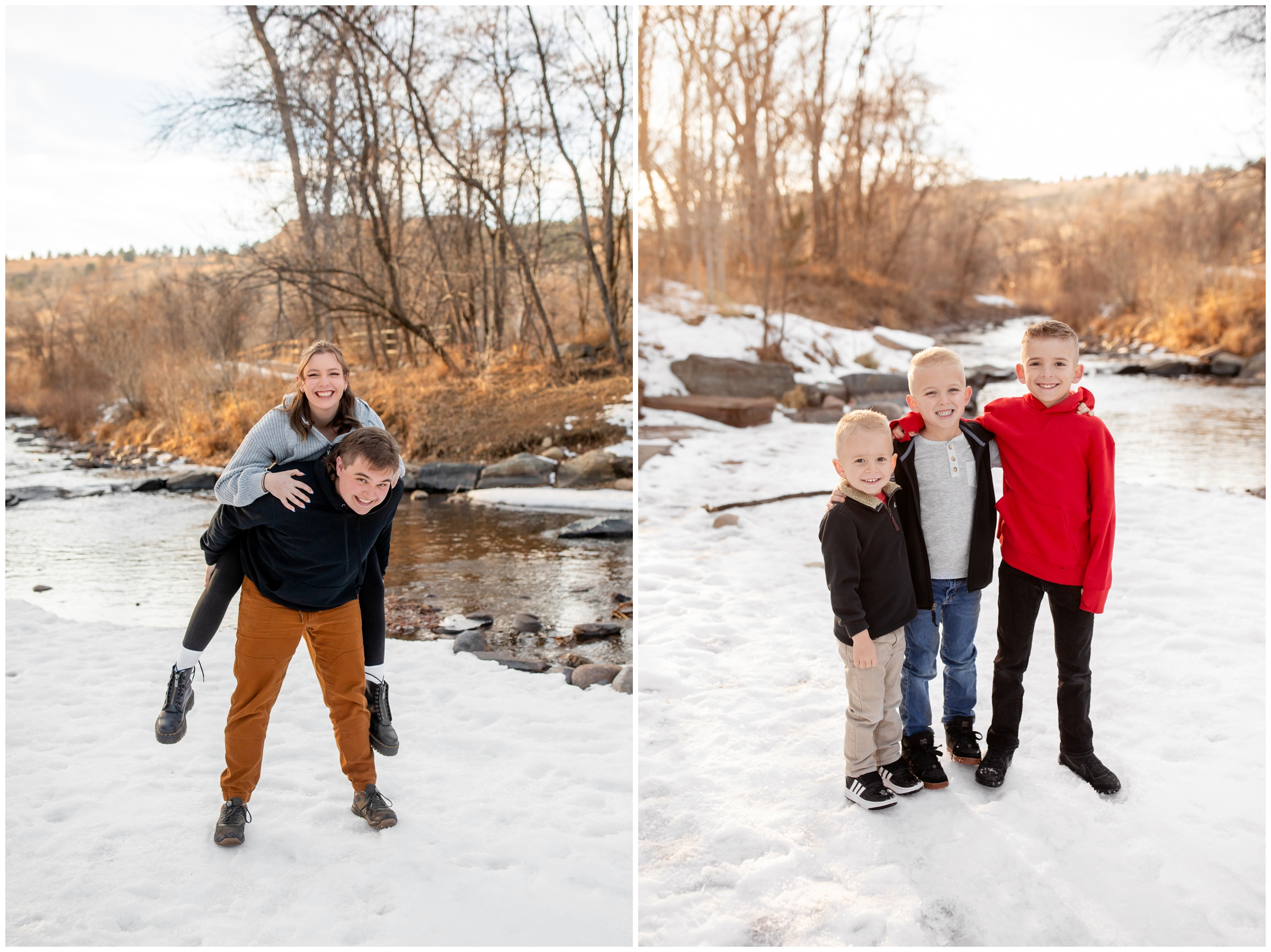 kids posing next to river at Bohn Park during winter portraits in CO